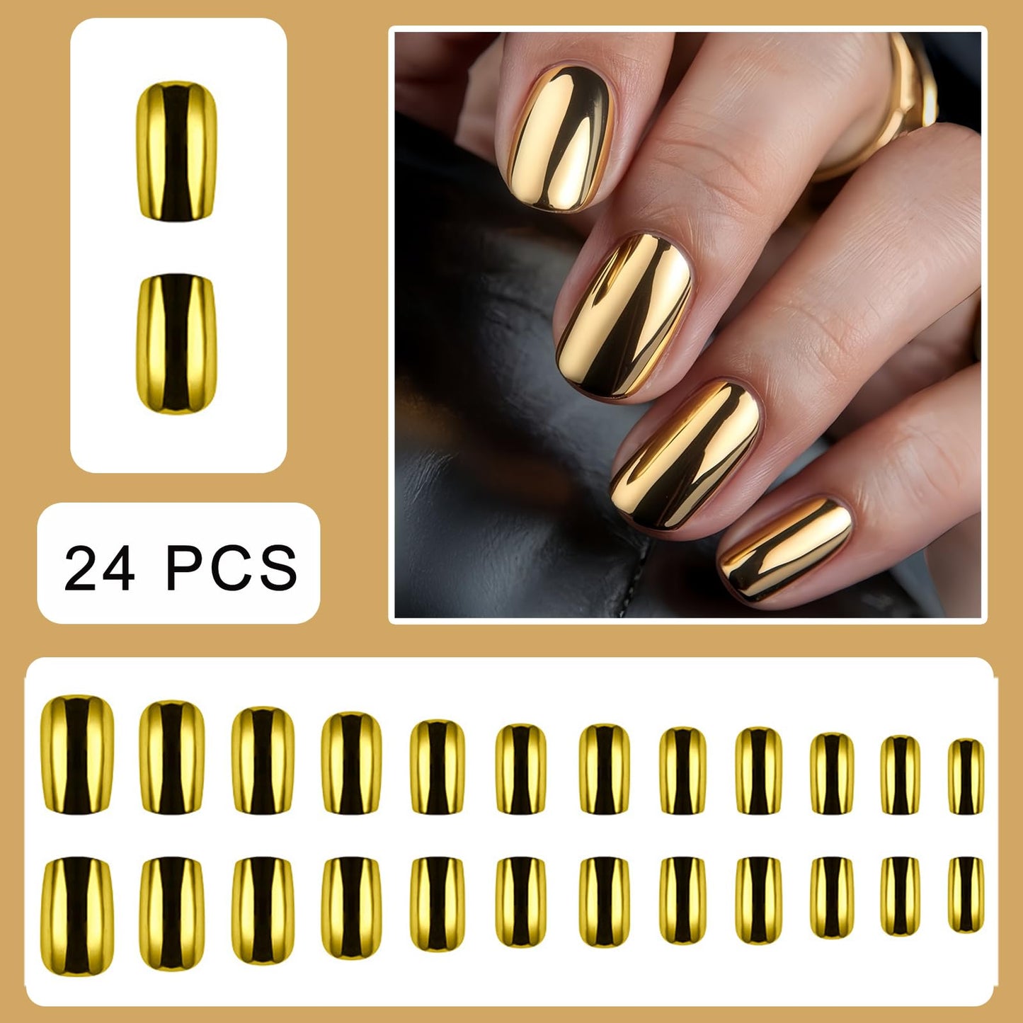 Gold Chrome Press on Nails SHIQIXIANNV Short Square Fake Nails Metallic Mirror False Nail Design Electroplated Gold Glossy Acrylic Nails for Women Girl DIY Manicure Decoration 24Pcs