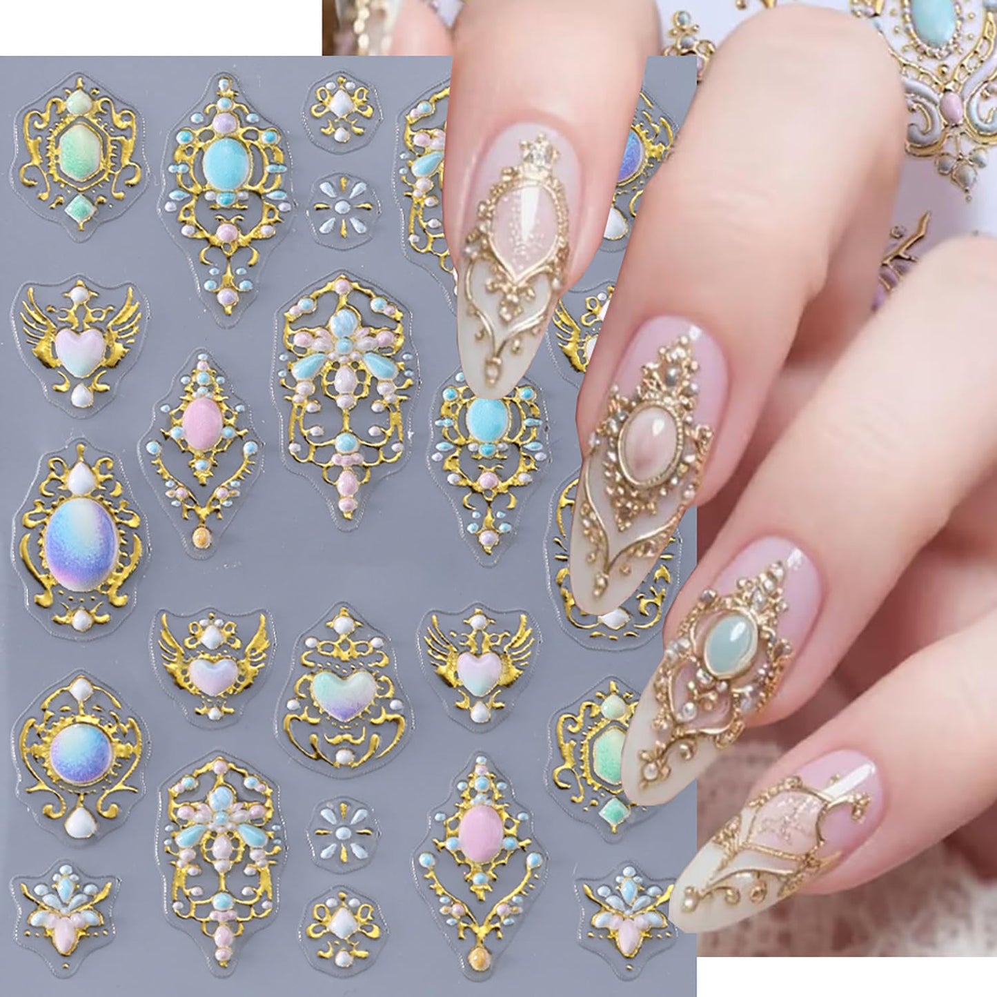 2 Sheets Bohemia Nail Stickers 5D Embosses Self-Adhesive Shine Rhinestones Nail Decals Gold Silver Heart Nail Stickers for Women DIY Manicure Decorations