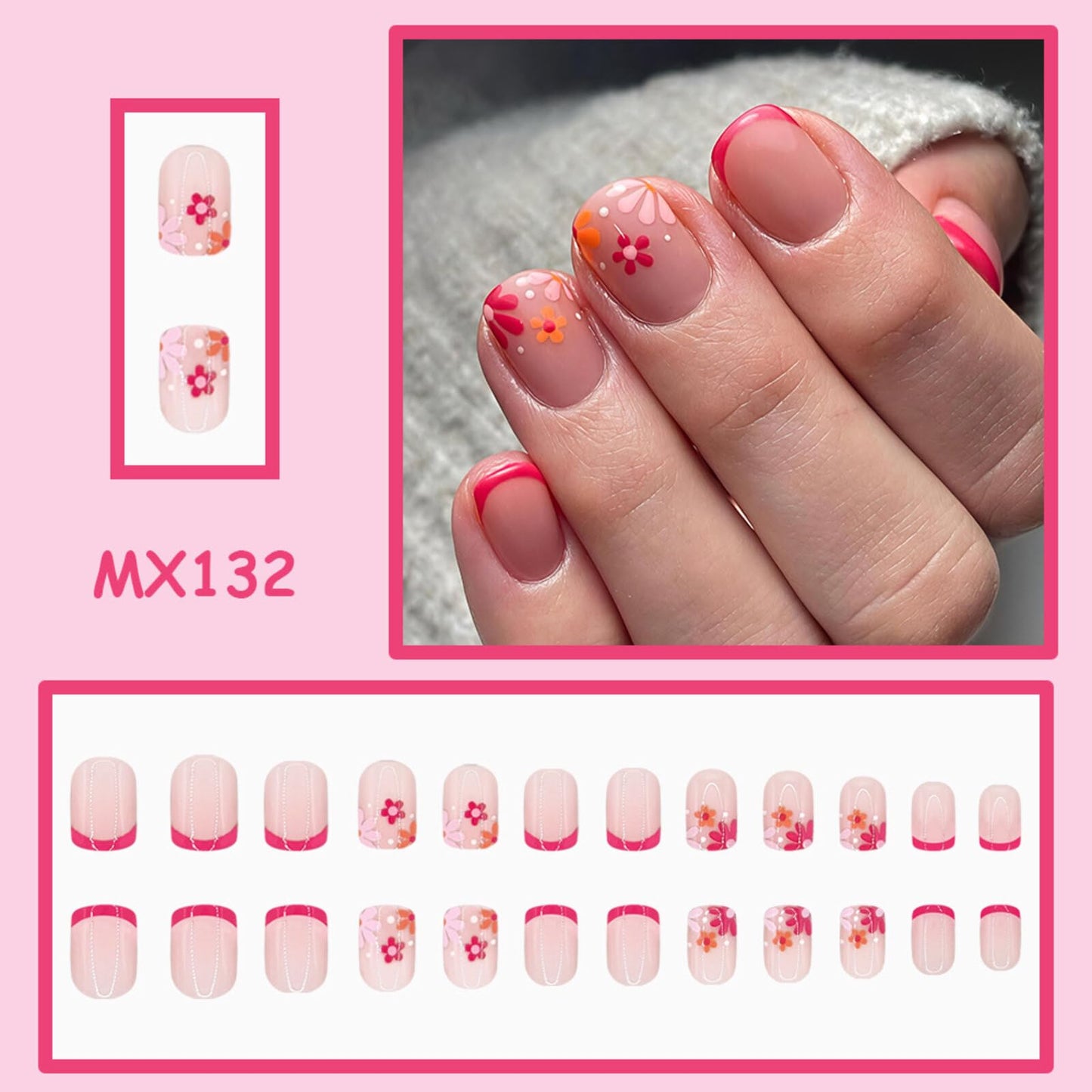 Floral Press on Nails Short Square Design Soft Nude Base with Pink Orange Flower Patterns Hot Pink French Tips Glossy Finish Reusable Stick on Nails Suitable for Casual Looks Artificial Nails 24 Pcs