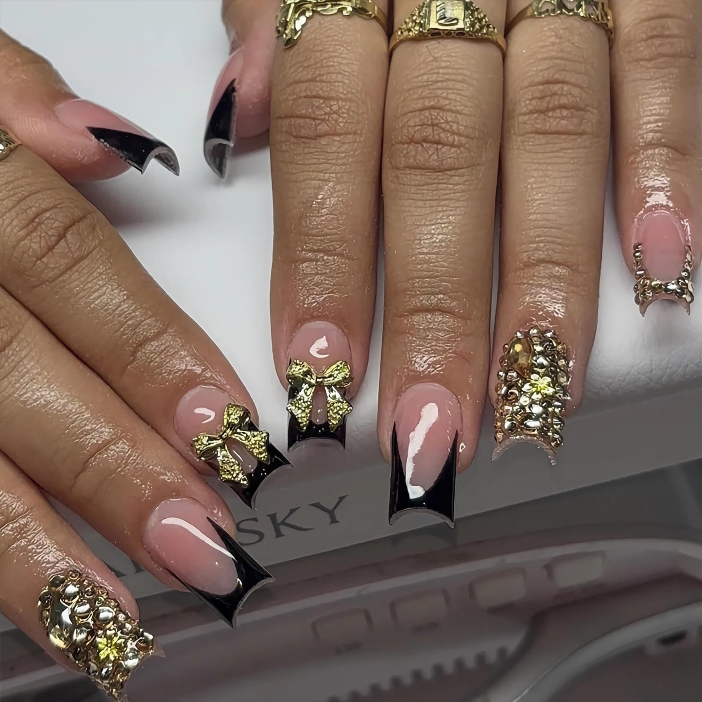 BABALAL Press on Nails Short Black Gold Fake Nails Square Glue on Nails French Tip Rhinestone Luxury Acrylic False Nails with Bow Charm Bling Gel Nails 24Pcs Handmade Squoval Nails for Women Girls