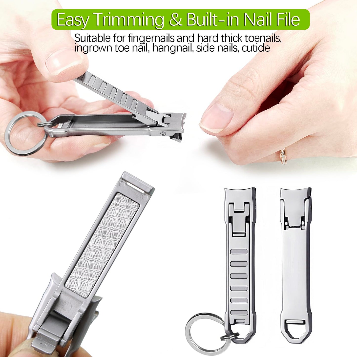 VOGARB Portable Nail Clippers for Natural Fingernail and Toenails, UItra Thin Stainless Steel Sharp Wide Jaw Folding Travel Finger Nail Cutter with Keychain and Earpick for Men, Women, Adults