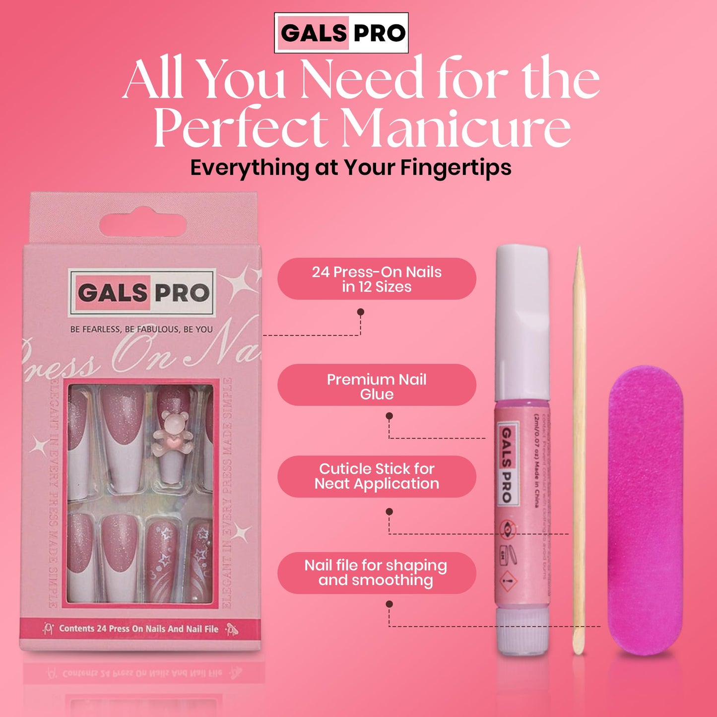 GALSPRO Long Press on Nails - Set of 24 Fake Nails with Designs in 12 Different Sizes for Perfect Fit, Cute False Nails Kit for Women with 0.07oz Nail Glue, A Double Sided Nail File & Cuticle Stick