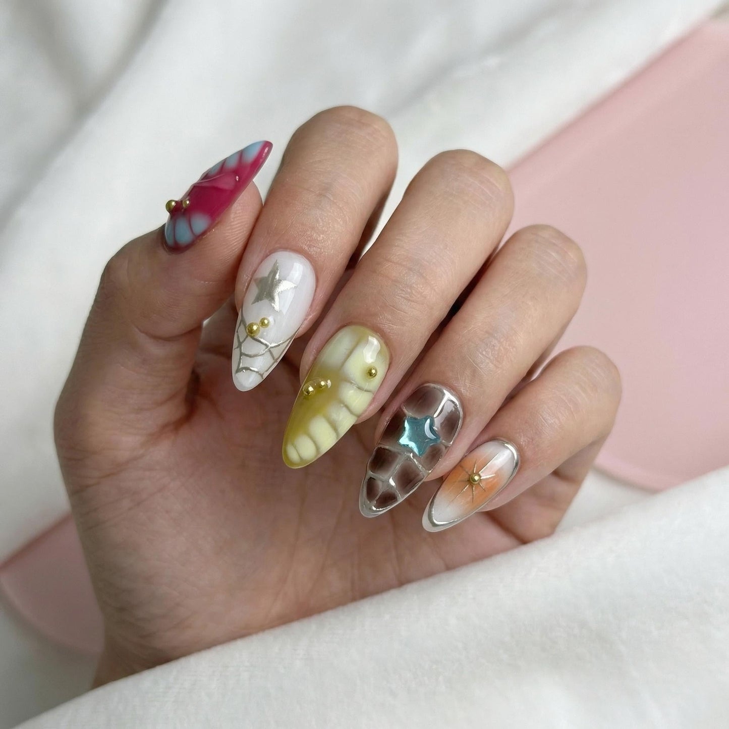 10Pcs Medium Almond Handmade Press On Nails | Easy Apply & Remove, Reusable Salon Quality Nails | Y2K Punk Multicolor Fake Nails with 3D Floral, Star & Gold Bead Accents (5U01, M)