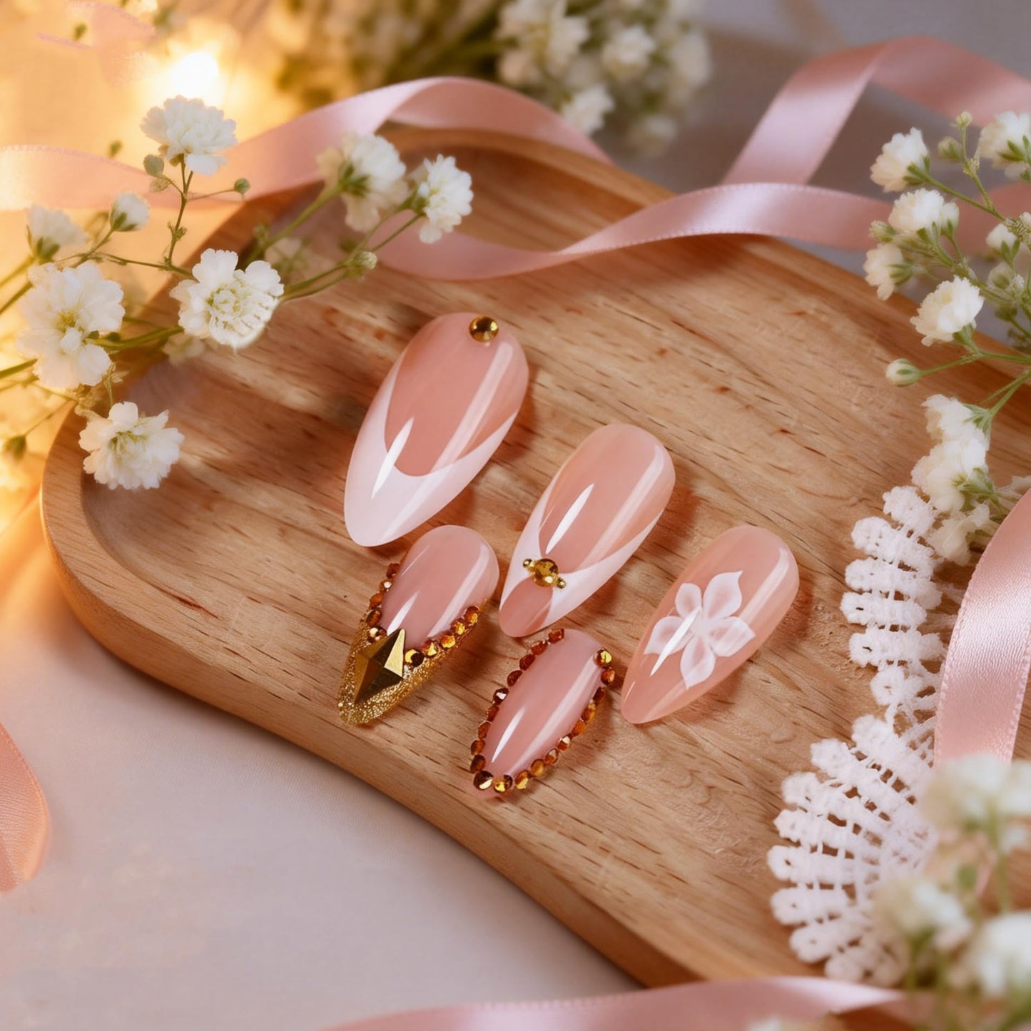 BABALAL Press On Nails, Medium Almond Fake Nails, White French Tip, Gold rhinestone Sparkly Bling Design, Luxury Full Cover Glue On Nails For Women And Girls 24Pcs