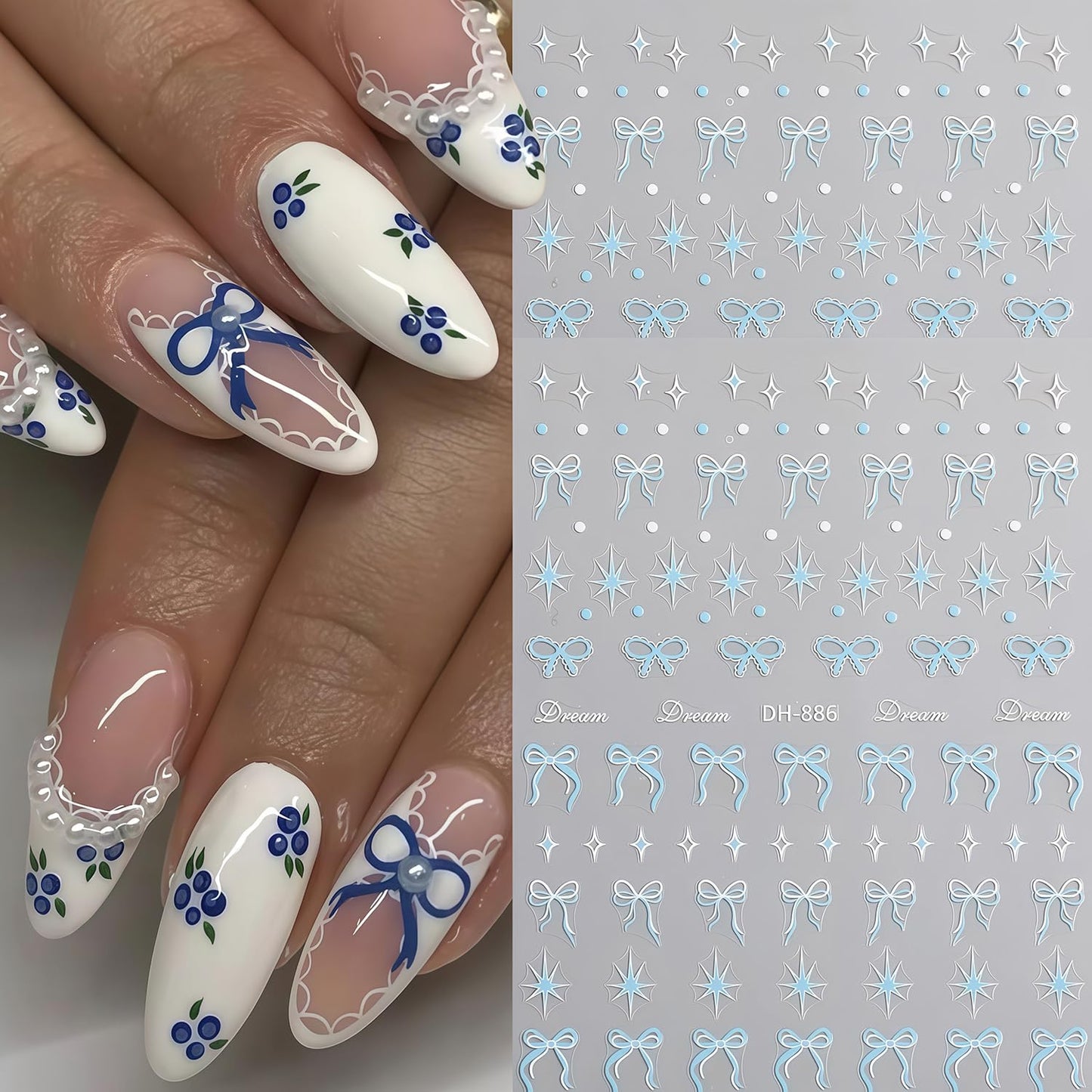 Bow Nail Art Stickers Valentines Nail Decals 3D Self Adhesive Black Blue Pink Bow Starlight Nail Stickers Cute Bows Nails Sticker Decals for Women Holiday Valentines DIY Manicure Decoration 6 Sheets