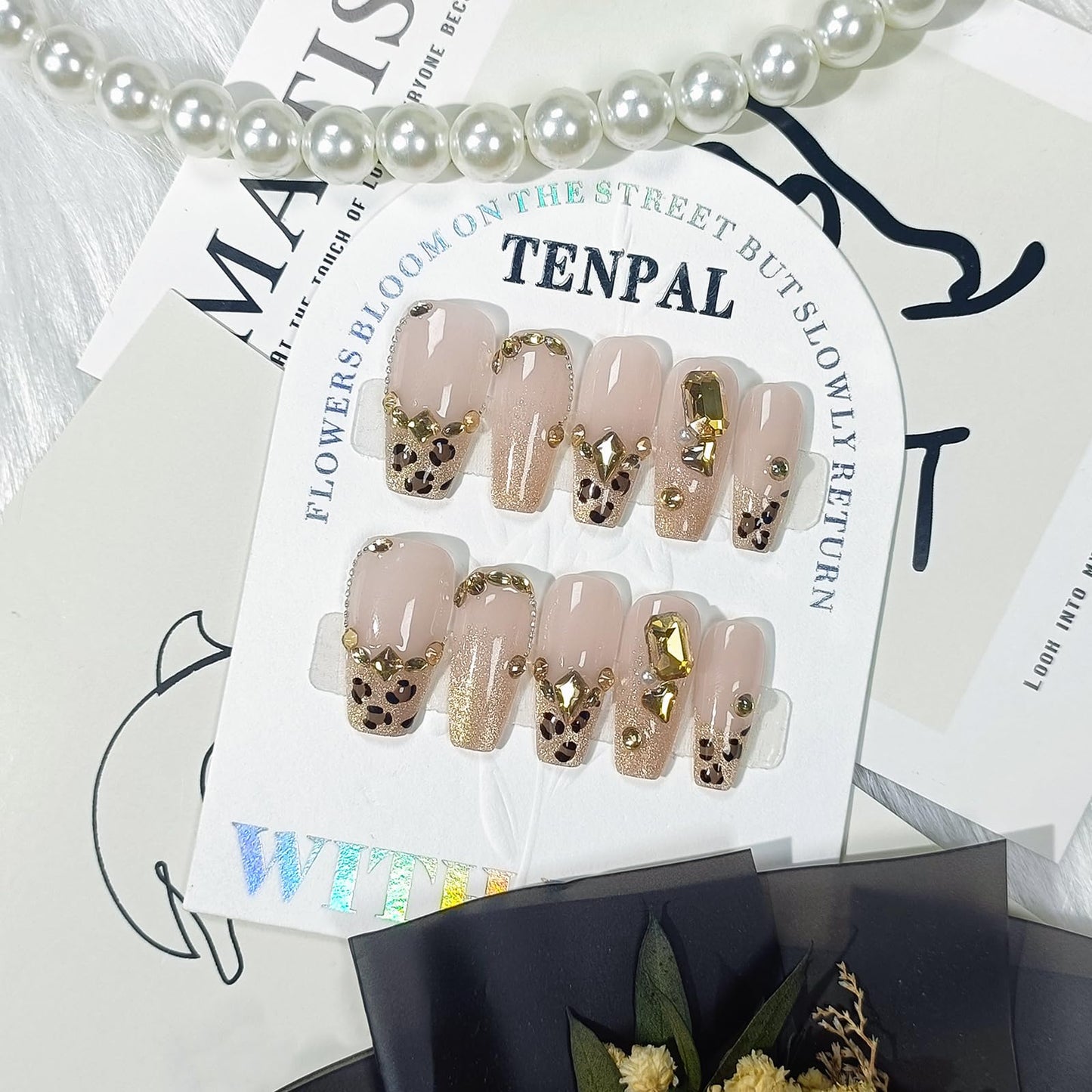 TENPAL Handmade Leopard Cat Eye French Glitter Design Fake Nails,Resuable 10Pcs Press on Nails Medium Kit,Luxury Coffin Shaped Glam Glue on Nails for Women Daily Use, Bridal,Autumn Winter Parties(M)