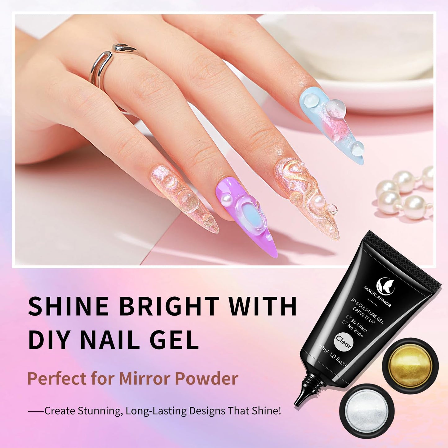 30g 3D Nail Gel and Chrome Powder Kit, Sculpting Gel Nail Art Glue for Art Designs DIY Craving Molding for Decoration Manicure Pedicure Use