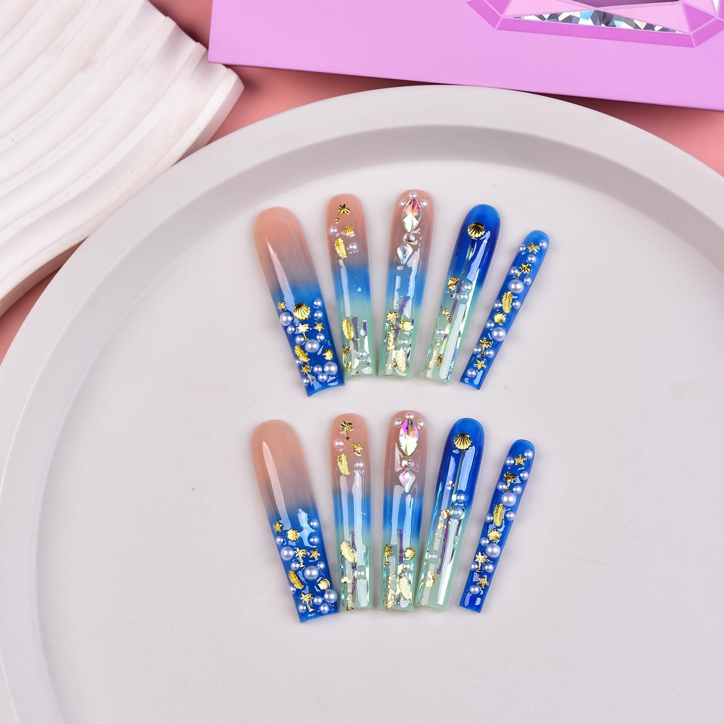 Tmani 10pc/set Extra Long Handmade Press On Nail Hot Girl's Long Ballet Nails Square Nail Full of Diamond Glitter Decoration Fake Nails Suitable For Girls Festival Parties and Birthday Gift (116,S)