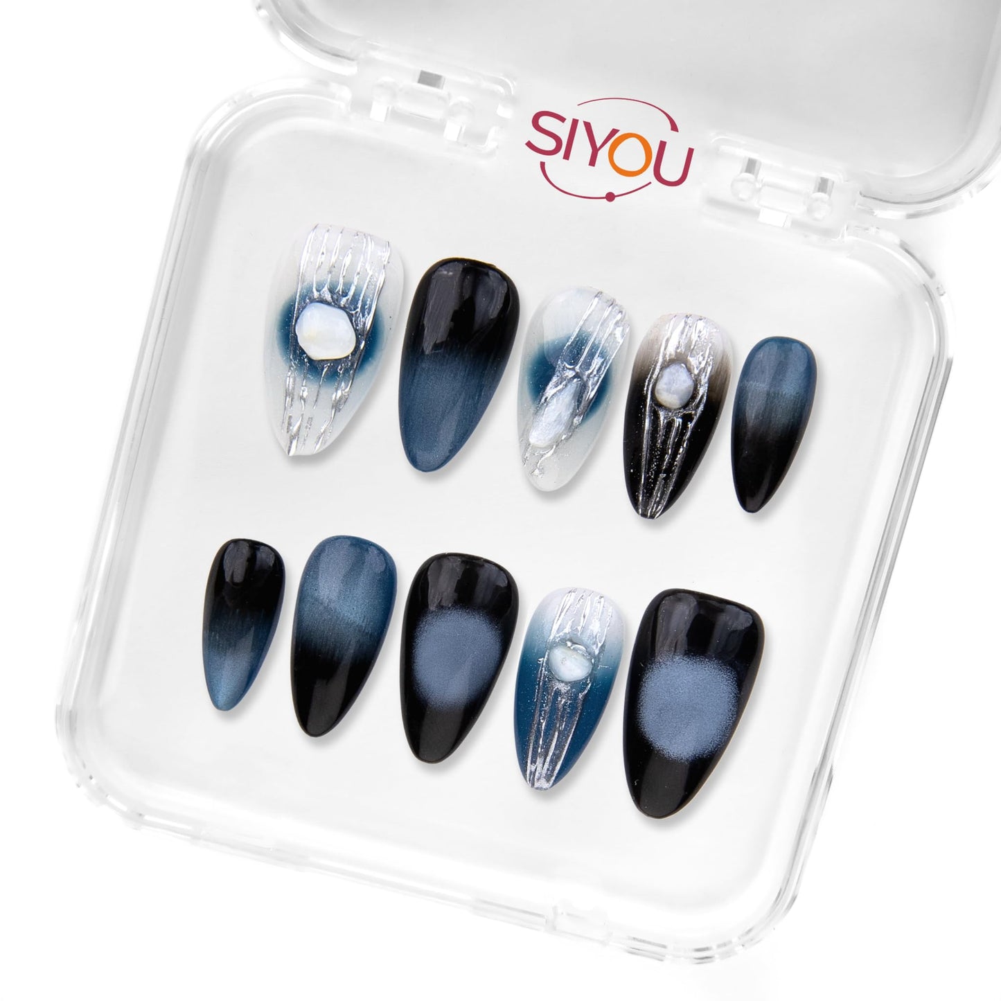 SIYOU Beauty | Dark Aurora | Navy Blue and White Ombre Dark Short Almond Press On Nails for Women (Small) - Reusable, Salon-Quality Fake Nails (10pc)