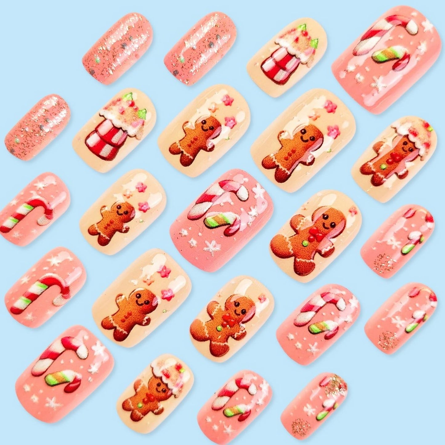 Christmas Cute Cartoon Press on Nails Short Square Fake Nails with House Snowflake Flower Gingerbread Man Designs Acrylic False Nails Xmas Winter Glue on Nails for Women and Girls 24Pcs