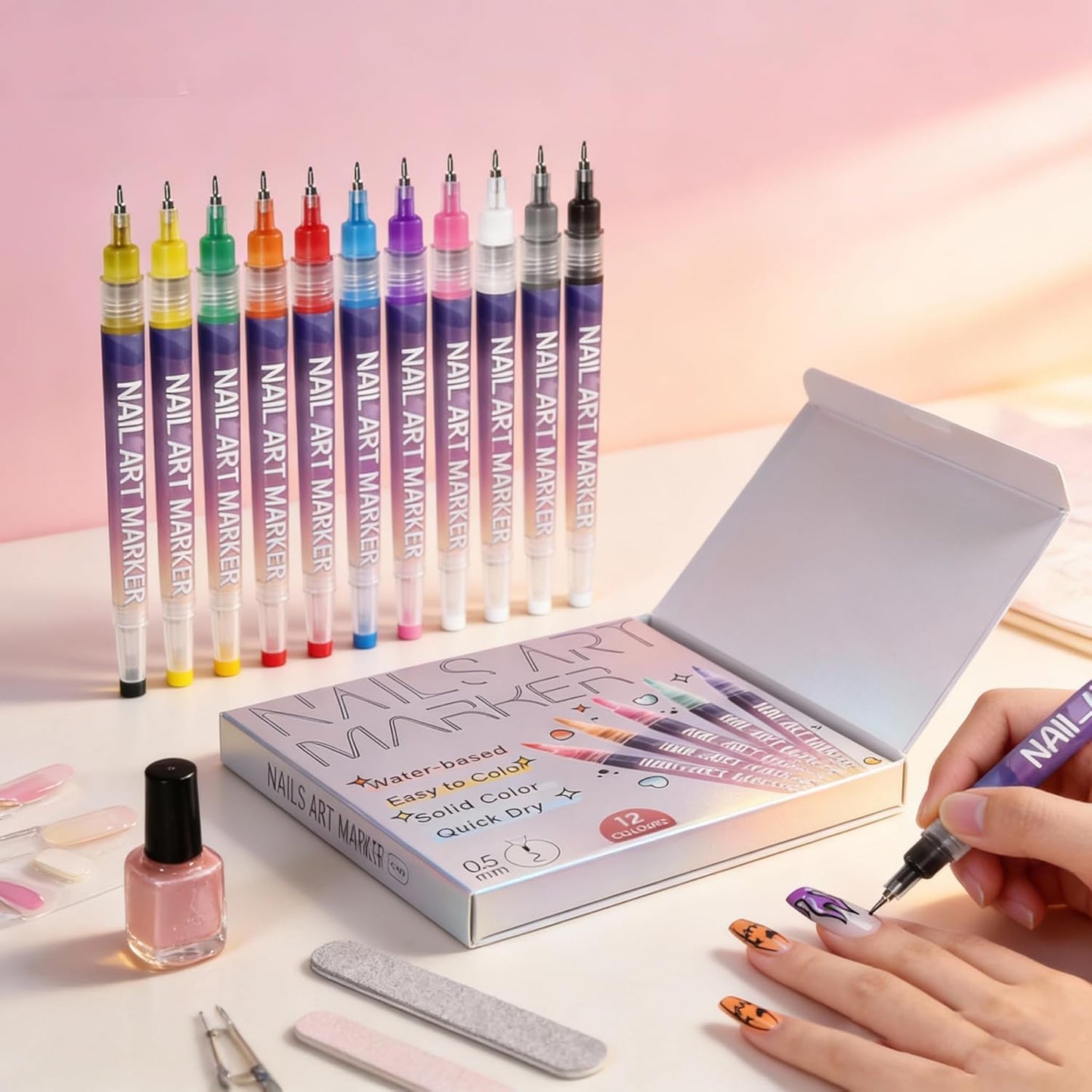 Upgraded 12 Colors Kids Nail Art Pens Set, 0.5mm Ultra-Fine Tip 3D Nail Design Paint Pens, Quick Dry & Waterproof Smooth Ink, Professional Safe Manicure Kit for Girls, Children & Teens