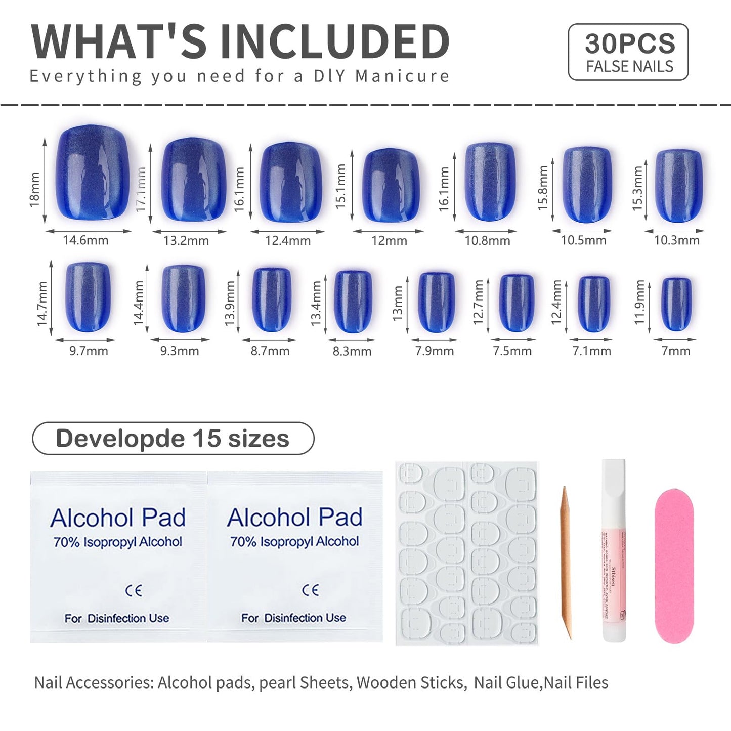 Blue Press on Nails Short Square Ice Blue Cat Eye Press on Nails Fashion Gel Fake Nails Reusable Acrylic Fake Nails Glossy Stick on Nails for Women Girls Gift Glue on Nails Kit