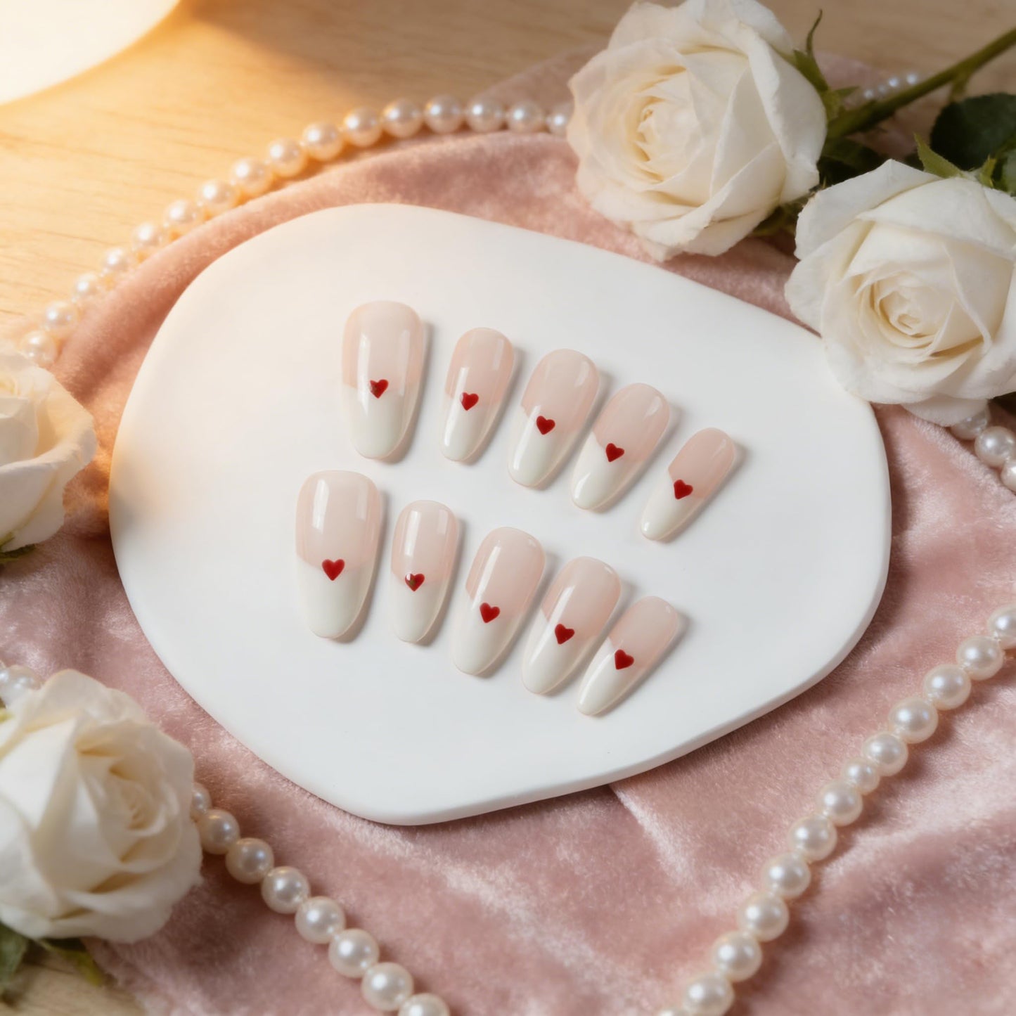 Tesytto Medium Almond Press on Nails - Red Heart Fake Nails Full Cover Glossy, Classic White Edge Design French Tip Handmade False Nails(Creamy Heart French,S)