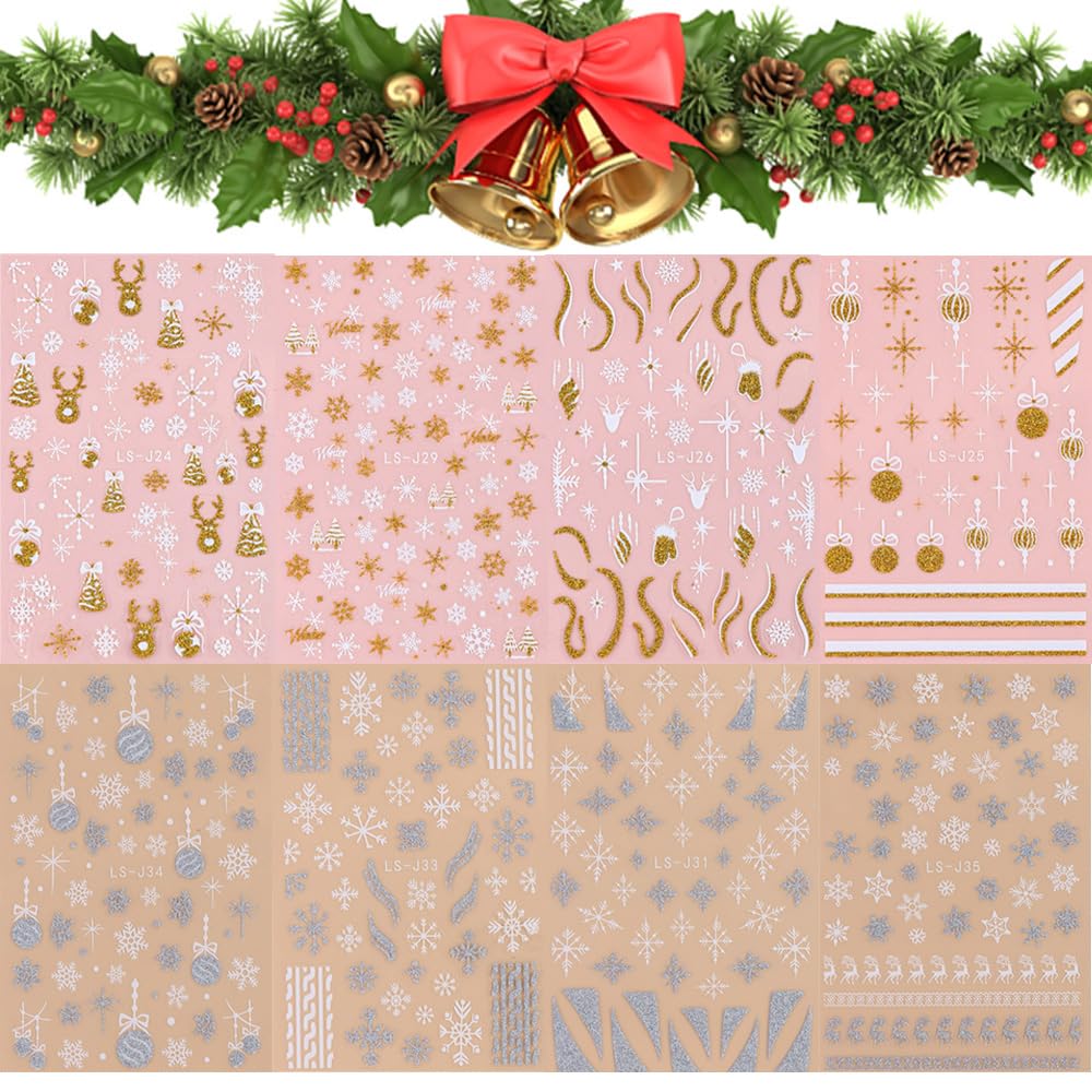 Christmas Glitter Nail Art Stickers Christmas Gold 3D Self-Adhesive Nail Stickers Sliver Snowflake Xmas Winter Nail Decals Nail Art Design Supplies for Women Nail Decoration