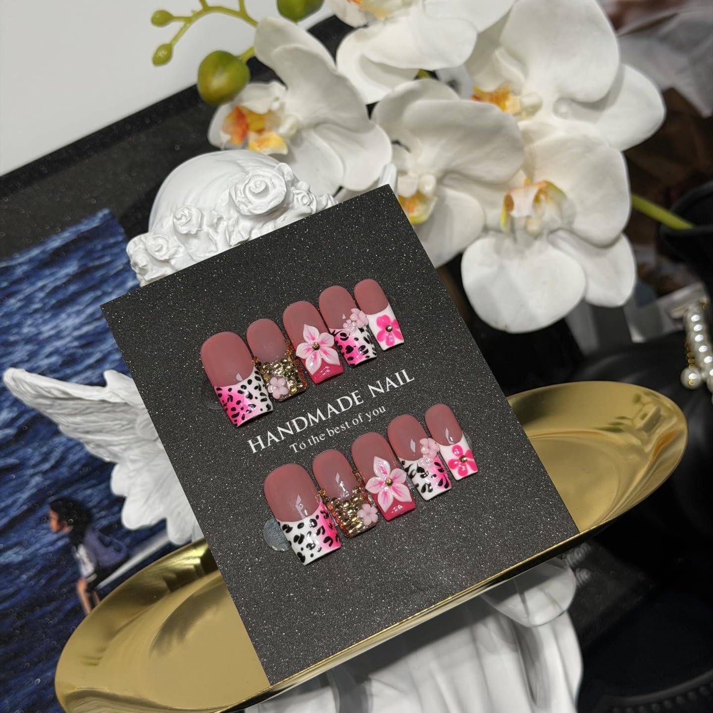 Vseegrs Pink Handmade Press on NailsSquare Medium Leopard Artificial False Nails with Designs 3D Flowers Acrylic Nail Press ons Gold Embossed Press on Nail Kit for Women 10pcs (L)