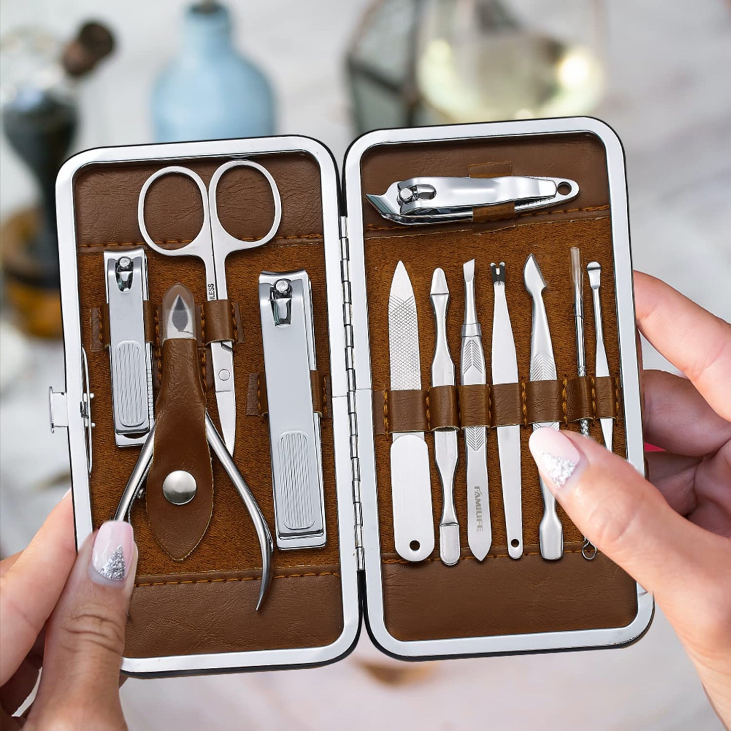 FAMILIFE Manicure Set, Professional Nail Kit Nail Clipper Set, 12PCS Stainless Steel Manicure Kit, with Brown Leather Travel Case Luxury Gifts for Him