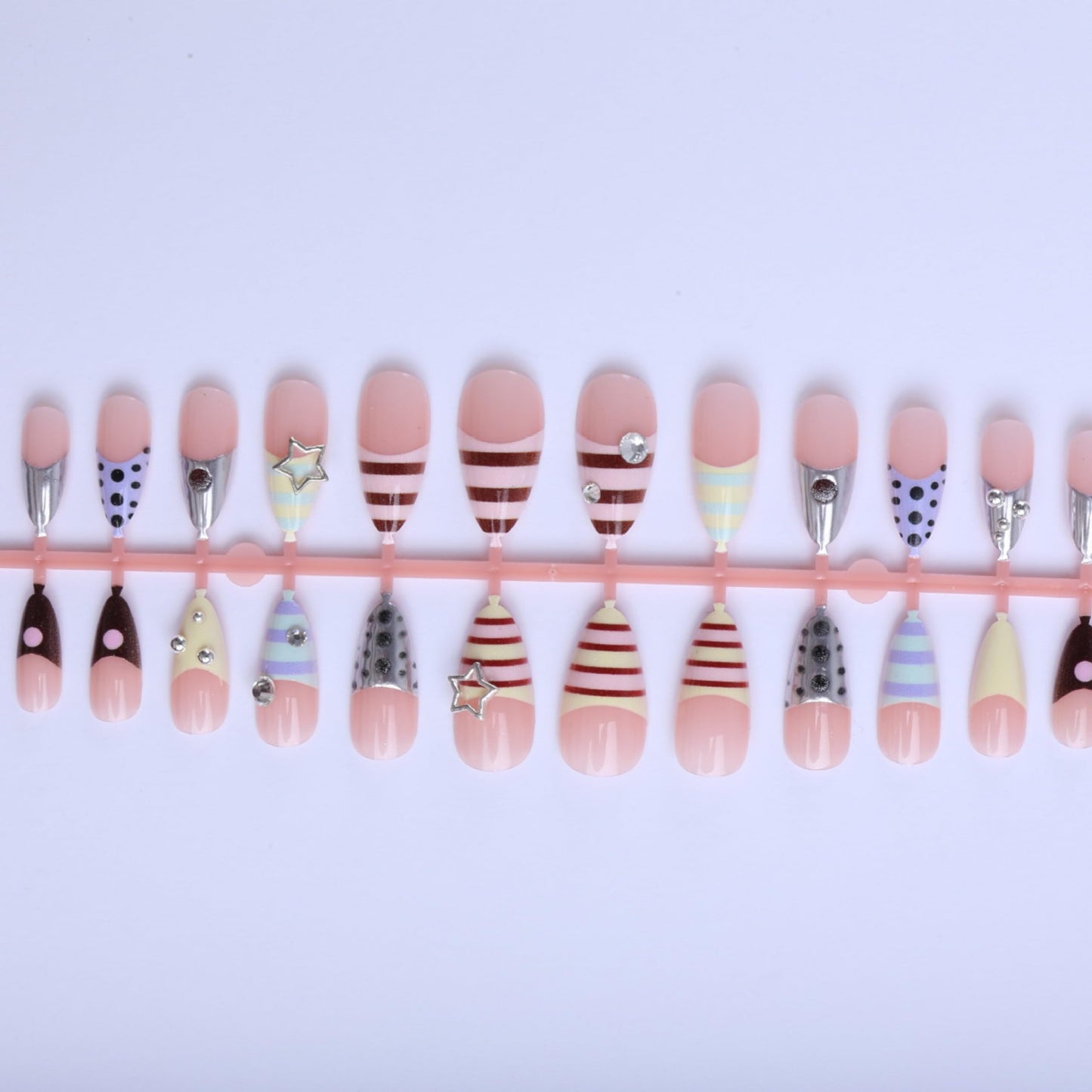 Long Press on Nails Almond Fake Nails Acrylic Nail Press ons Seeneey Silver Charm Y2K Rhinestones Designs Beach Stick on Nail for Women 24pcs