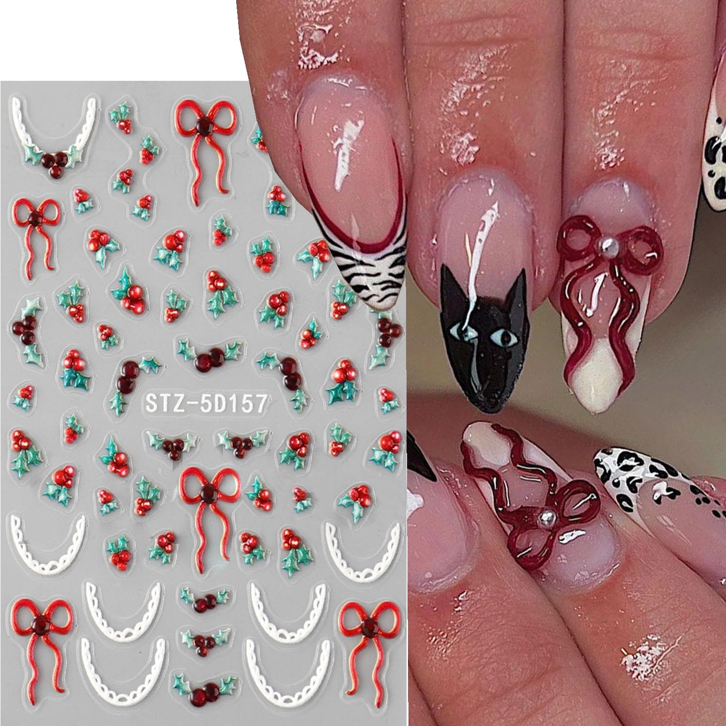 3pcs Christmas Nail Art Stickers 5D Embossed Nail Decals White Snowflakes Christmas Tree, Bow, Holly Adhesive Nail Stickers Snow with Rhinestones Design Xmas Nail Supplies Manicure Accessories