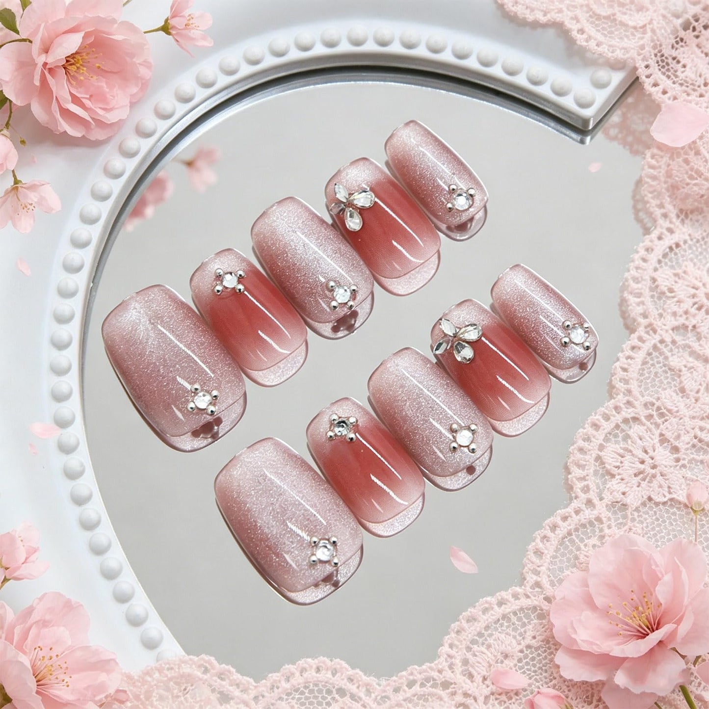 HZJXRT Press on Nails Short Square Sparkly White French Tips Fake Nails with Rhinestones Design, Glossy Pink Full Cover Glue On False Nail Flower Stick on Artificial Fingernails for Women Gift