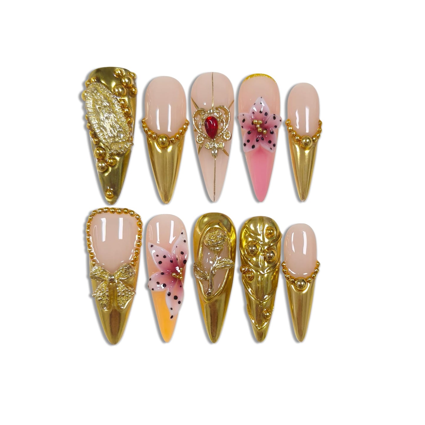 TENPAL Long Stiletto Press on Nails - Gold Baroque with 3D Rose & Saint Charms | Reusable & Icy False Nails | Royal Gala Style for Grand Events(L)