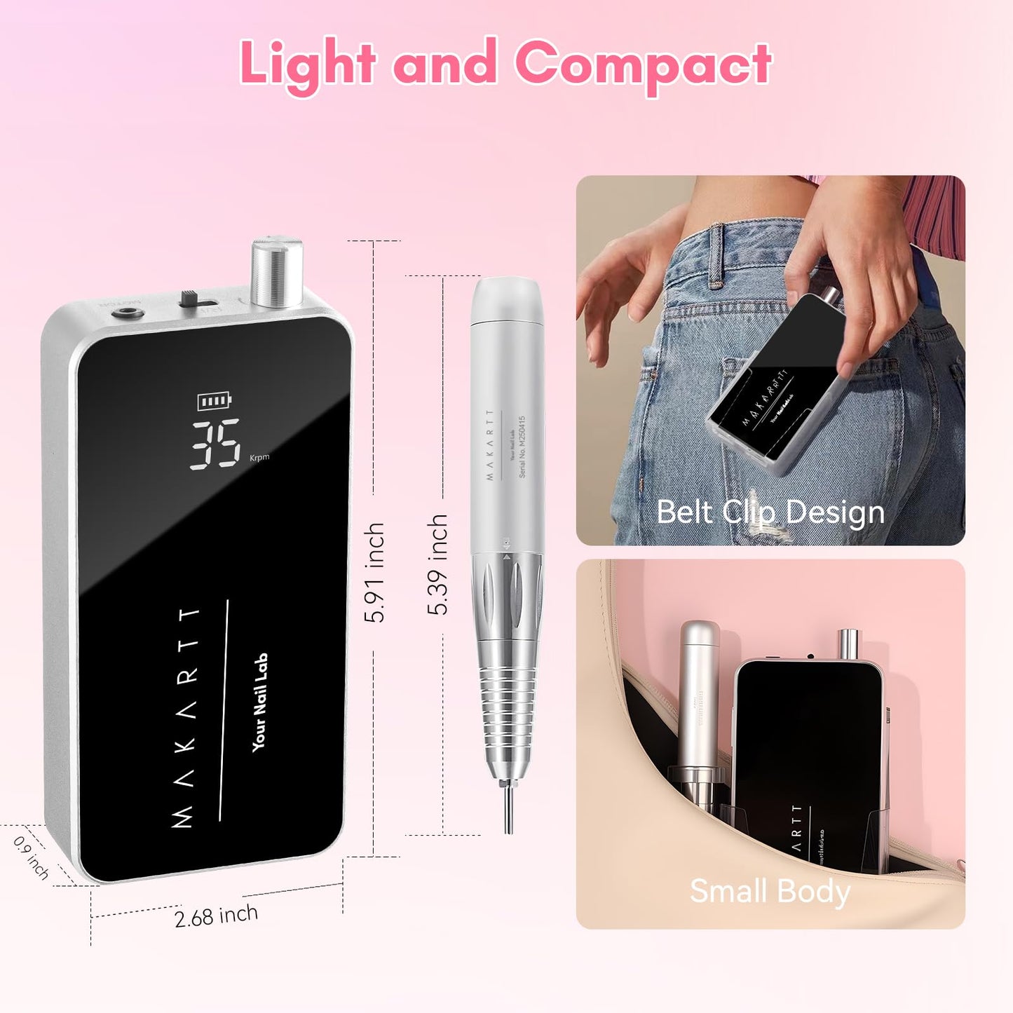 Makartt Nail Drill Professional, 35,000RPM Electric Nail File for Acrylic & Gel Removal, 60W Brushless Coreless Motor, 2-in-1 Desktop & Portable, LCD Display, Rechargeable, Quiet, F&R, Nouvella Black