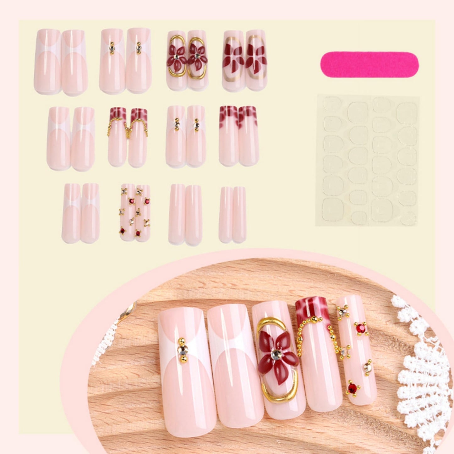 OCTOSWAVE Press on Nails Long Square 3D Flower Fake Nails with Rhinestones French Tip False Nails for Women DIY Manicure 24 Pcs