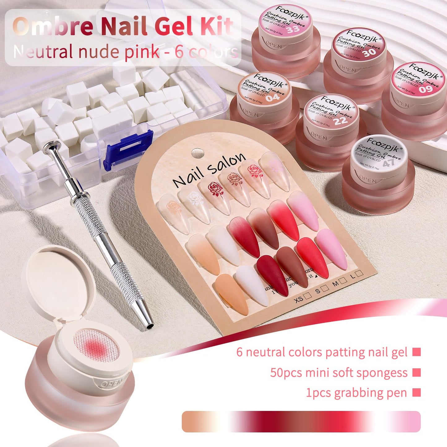 Fcozpjk 6 Colors Cushion Pat Painting Gel Nail Polish Neutral Nude Pink White Ombre Gradient Paint Gel with 50PCS Soft Nail Sponges Grabber Pen Blending Stamping Aura Design Matte No Wipe UV Cure