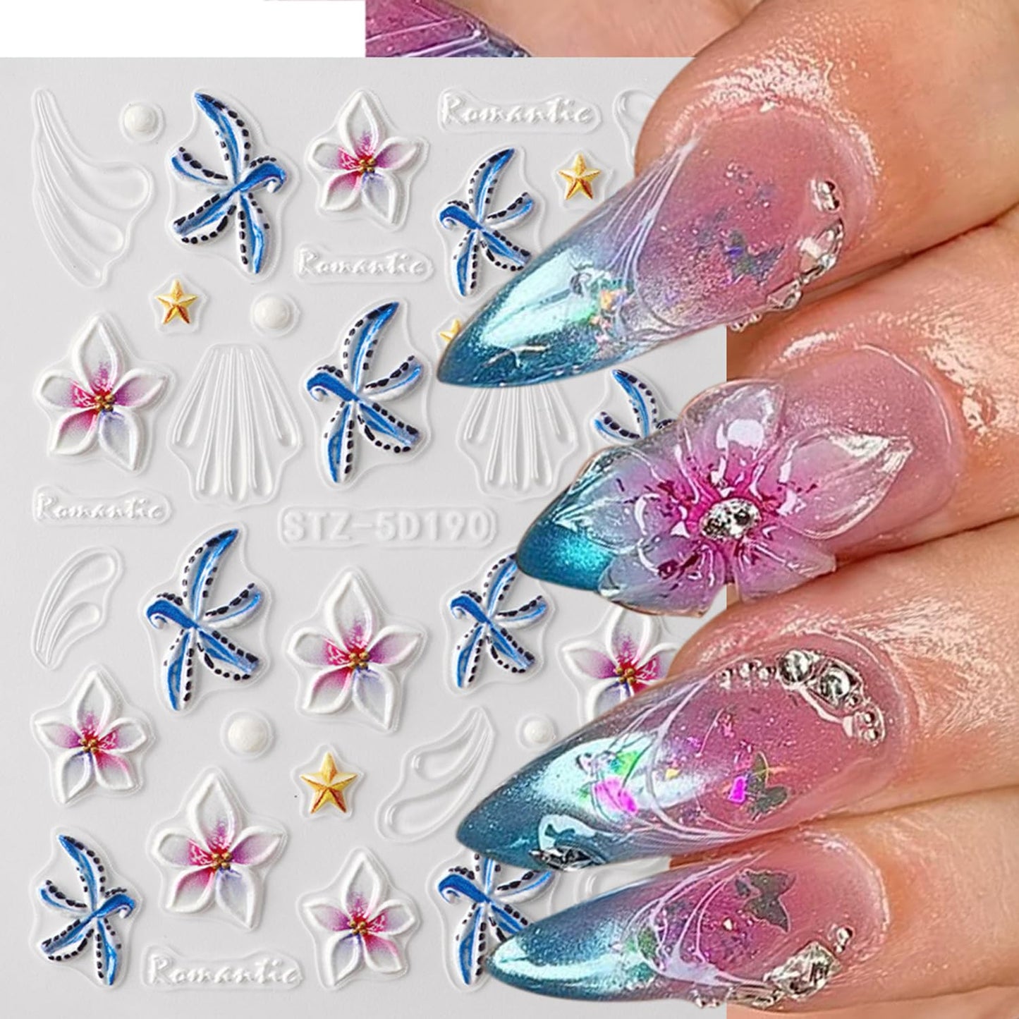 5D Embossed Flower Nail Art Stickers, 5 Sheets Self-Adhesive 3D Floral Nail Decals with Floral, Starfish, Bow & Lemon Designs Cute Summer Nail Art Supplies Sticker for DIY Manicure Decoration