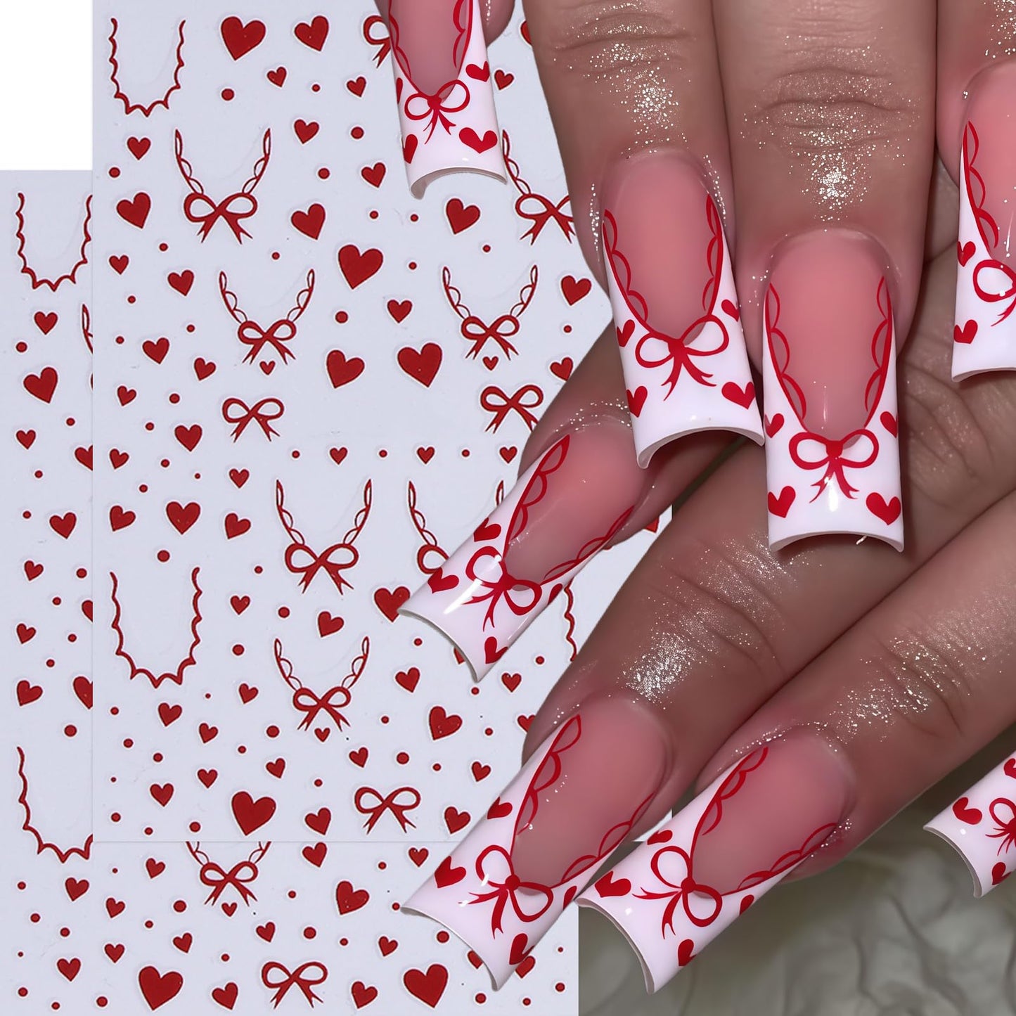 8 Sheets Heart Bows Nail Art Stickers Valentines Day 3D Self Adhesive Hearts Nail Sticker Heart Love Red Bow Tie Nail Design Comic Heart French Tip Line Manicure Accessories for Women Nail Decoration