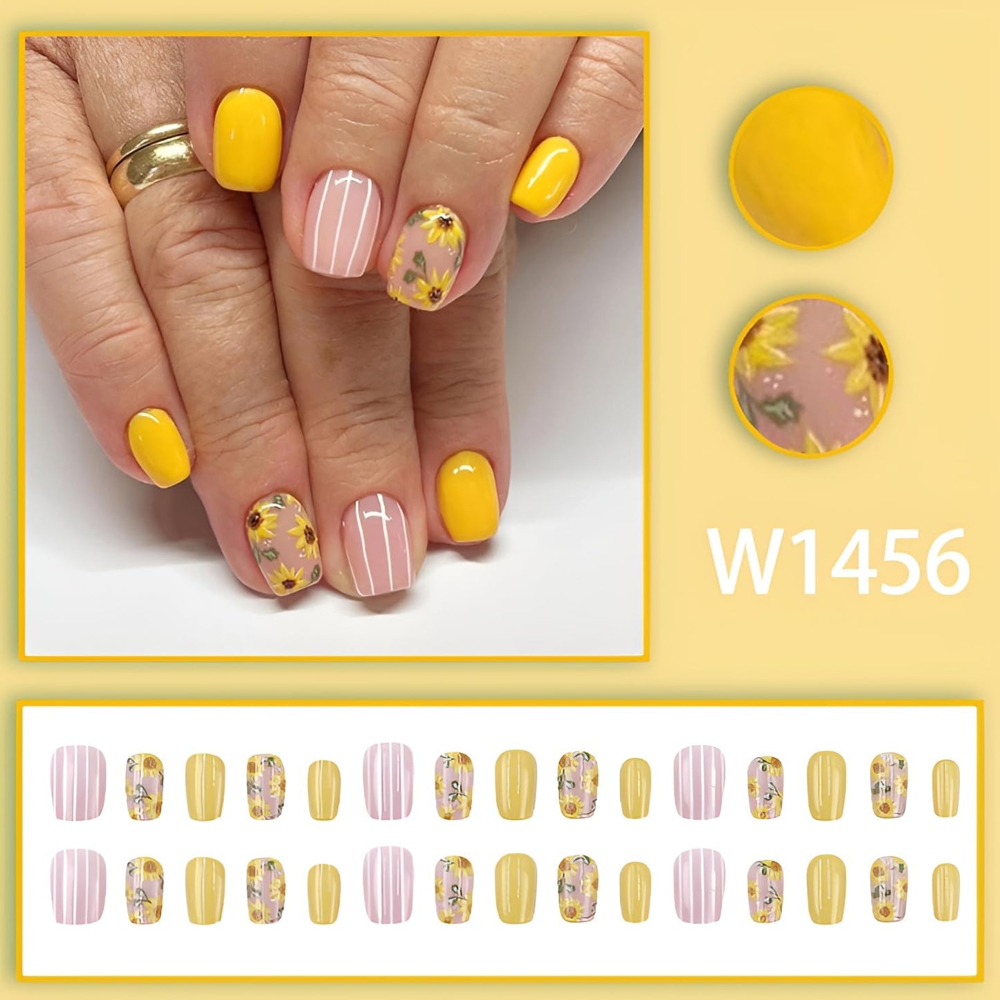 6 Packs（144Pcs）Flower Press on Nails Short Square Fake Nails with Floral Design Summer Spring Nails Press ons Colorful Acrylic Nails Glossy Glue on Nails Full Cover Stick on Nails for Women Girls