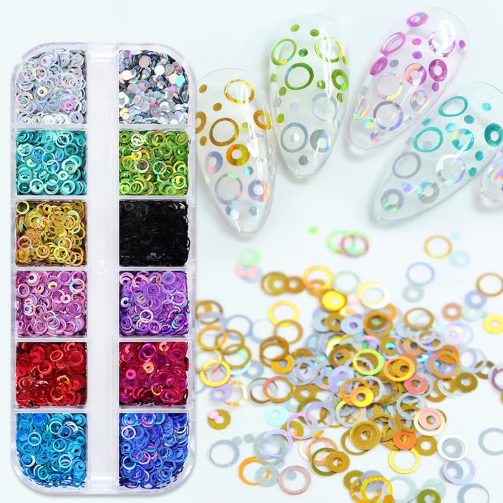 1 Box 12 Color Holographic Hollow Circle Nail Glitter Red Purple Nail Sequins 3D Laser Silver Nail Flakes Sparkly Powder Flakes Shiny Nail Glitter Colorful Nail Sequins Glitter for Nails Art 12 Grids