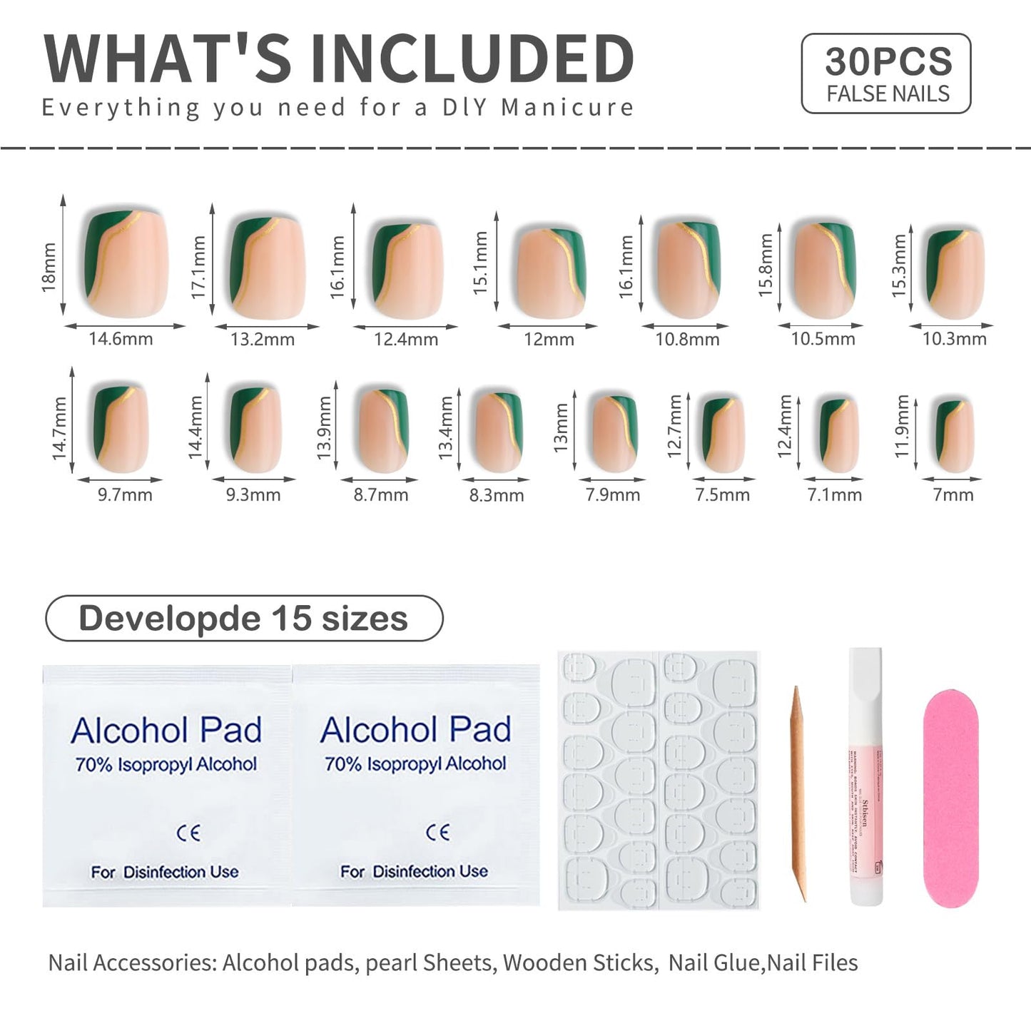 Stbisen Green Press On Nails Short Square, Summer Nude Fake nials with Green Wavy French Tips and Gold Metallic Trim Line, Reusable Thick Natural Glue On Nails for Women Gift, Suitable for Work, 30Pcs