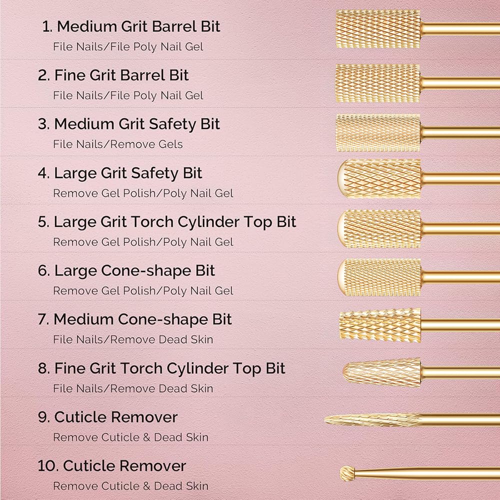 GLIX 13-Piece Professional Nail Drill Bits Set, Gold Tungsten Carbide E File Bits for Acrylic Nails & Gel Polish Removal, Ambidextrous Left/Right Hand Kit with 2XC Typhoon & Safety Cuticle Clean Bits