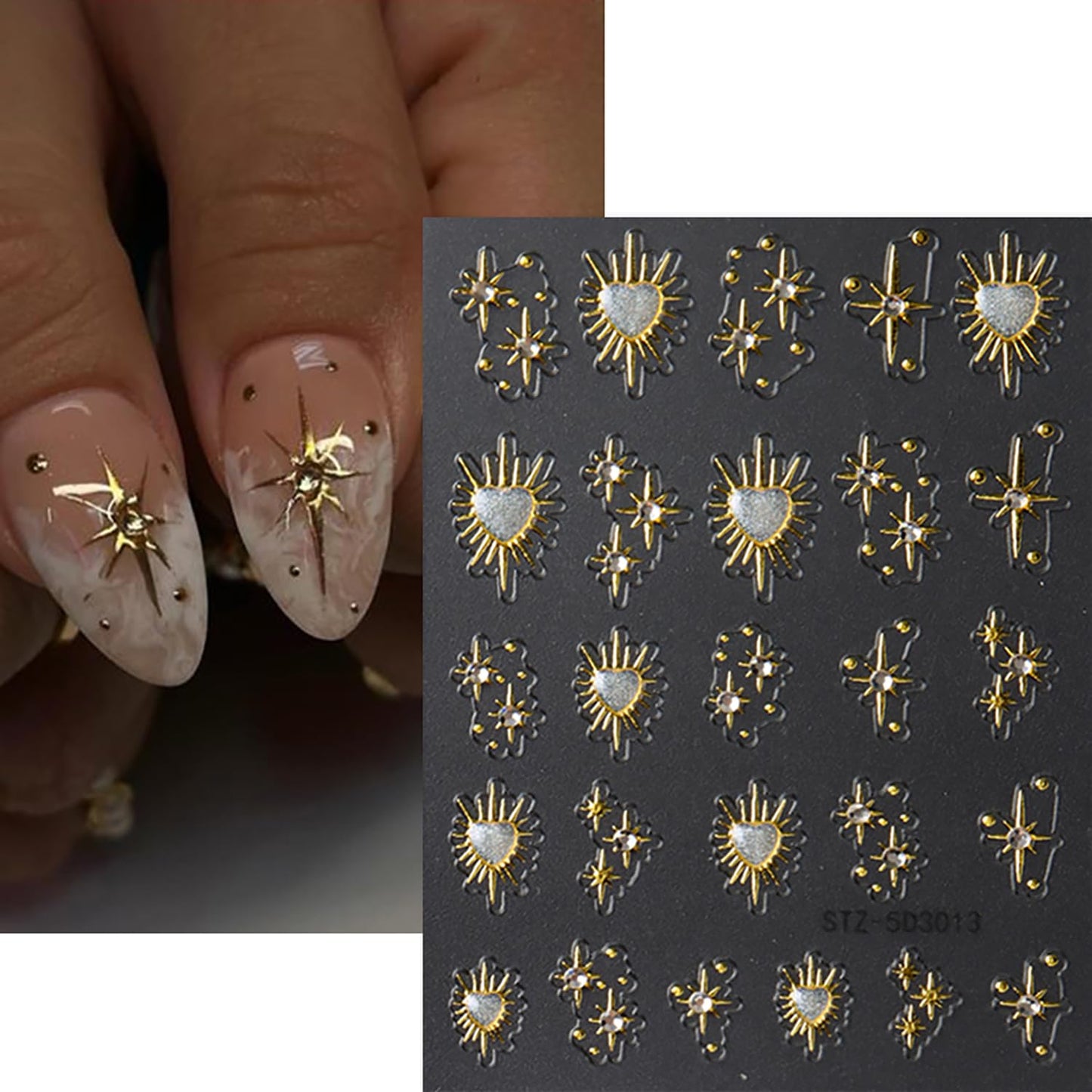 4 Sheets Gold Heart Star Nail Art Stickers 5D Relief Self -Adhesive Golden Stars with Love Heart Rhinestones Nail Decals Holographic Gold Nail Stickers Decoration for Women DIY Manicure Supplies