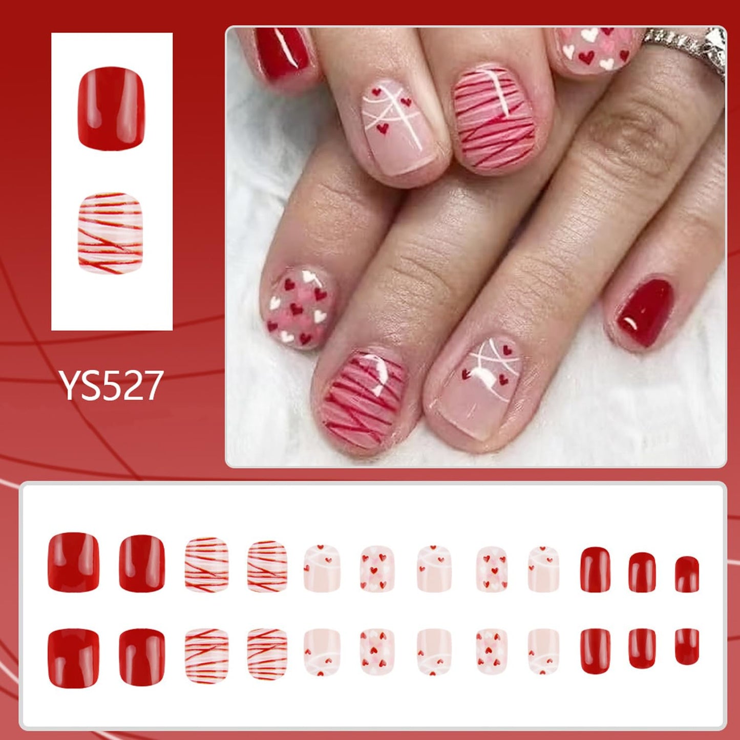 Valentine's Day Press on Nails Square Short Fake Nails Pink False Nails With Red Heart Line Designs Glossy Full Cover Stick on Nails Acrylic Love Heart Press On Nails DIY Manicure for Women 24Pcs