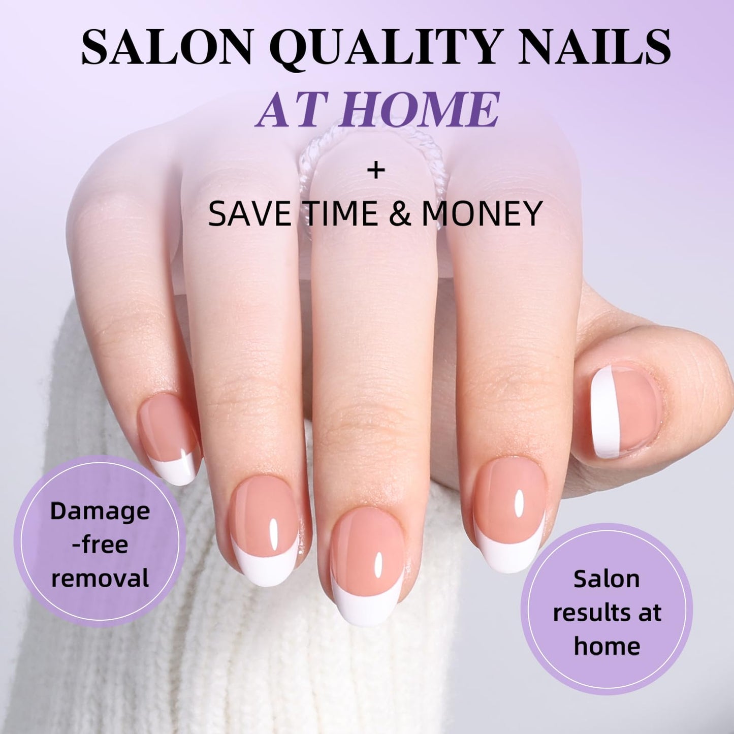 Short Almond French Tip Press On Nails - Sheer Pink Nude French Press on Nails with Defined French Tips for Women, Reusable Glossy Fake Nail Kit with Glue and Adhesive Tabs, 32 PCS in 16 Sizes
