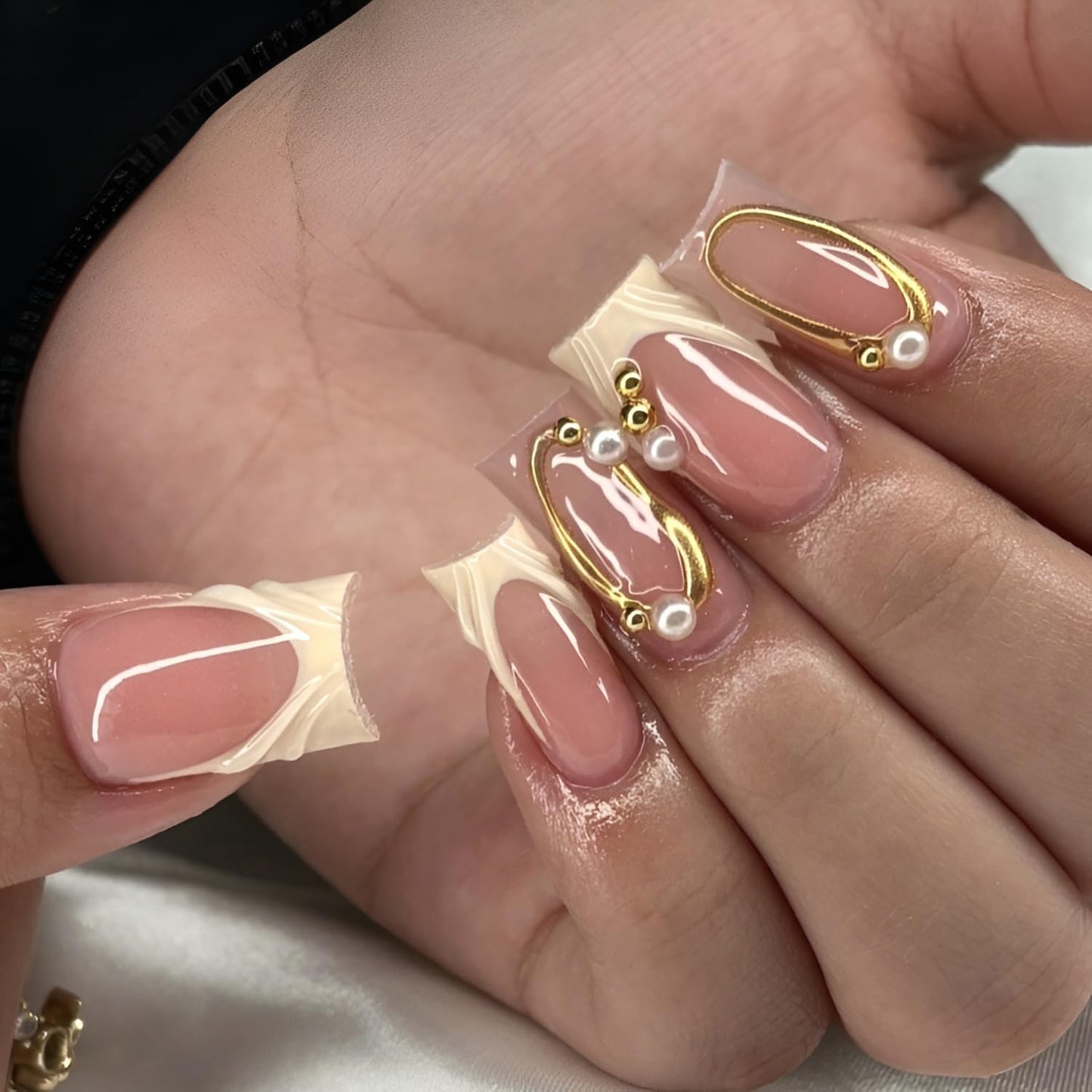 French Tip Press on Nails Medium Almond Fake Nails Gold Lines False Nails with Pearl Design Glossy Nails Press Ons White French Tip Stick on Nail Acrylic Glue on Nail for Women Set 24Pcs