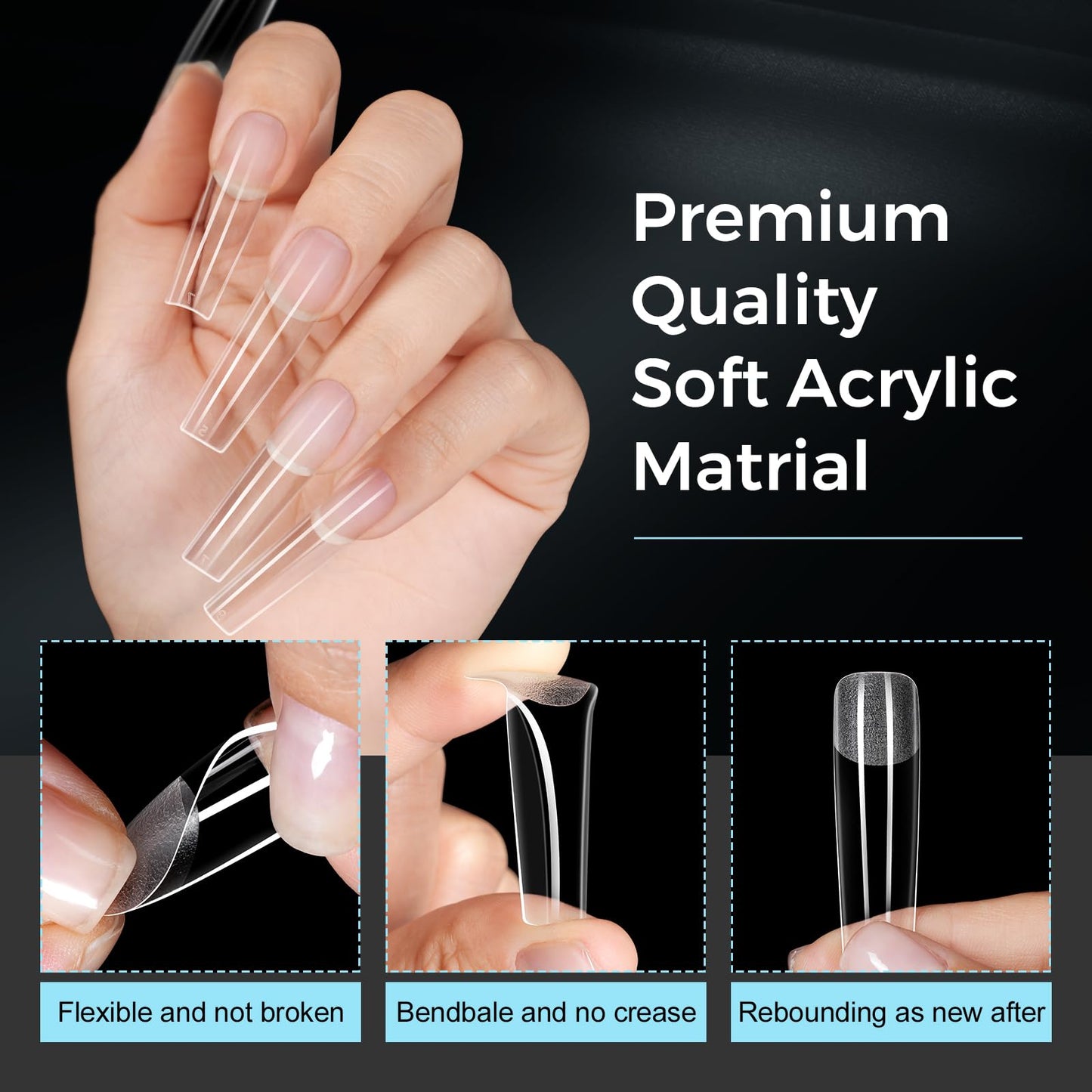 TOMICCA Extra Long Square Nail Tips, 240Pcs Pre-Shaped Half Matte Clear Full Cover False Nails 12 Sizes Gel Nail Tips for Extension Nail Home DIY