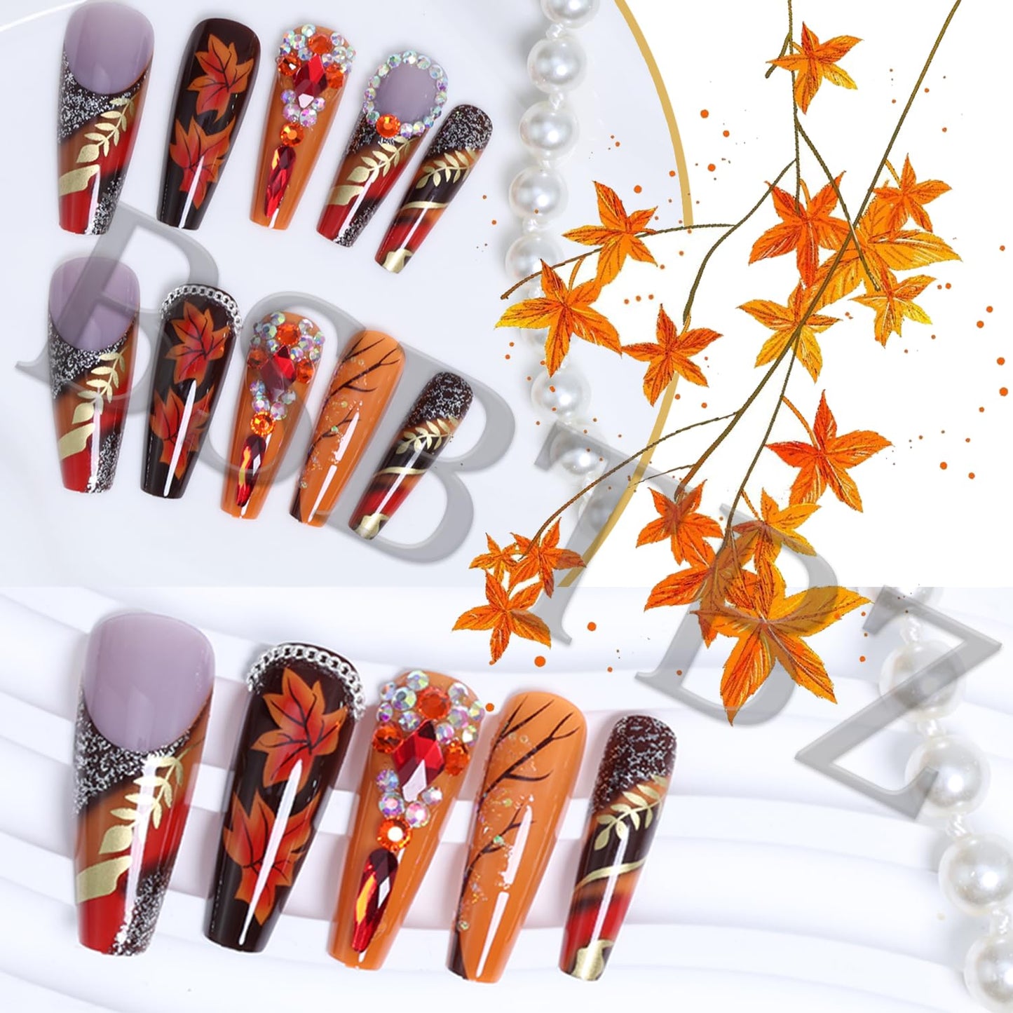 24 PCS Luxury Handmade Press on Nails Long Coffin Fake Nails with Rhinestones Designs Glitter Fall Leaves Press on Y2k False Nails Autumn with Maple Leaf Stick on Nails Thanksgiving for Women DIY