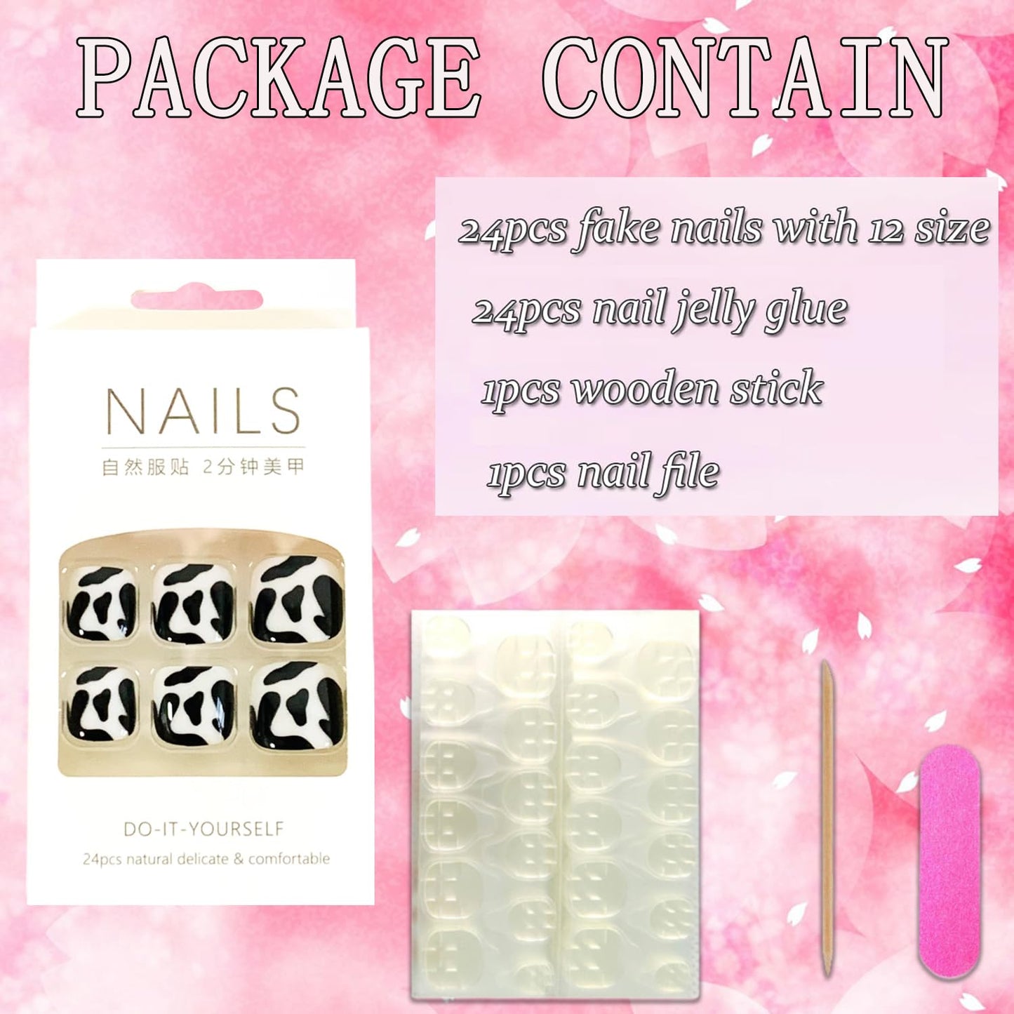 Vezocim Artificial Fake Toenails Sets, 24Pcs Pink Press on Toenails with Cow Print Designs, Glossy Full Cover Acrylic False Nails for Toe Press ons Toenails with Charm for Women