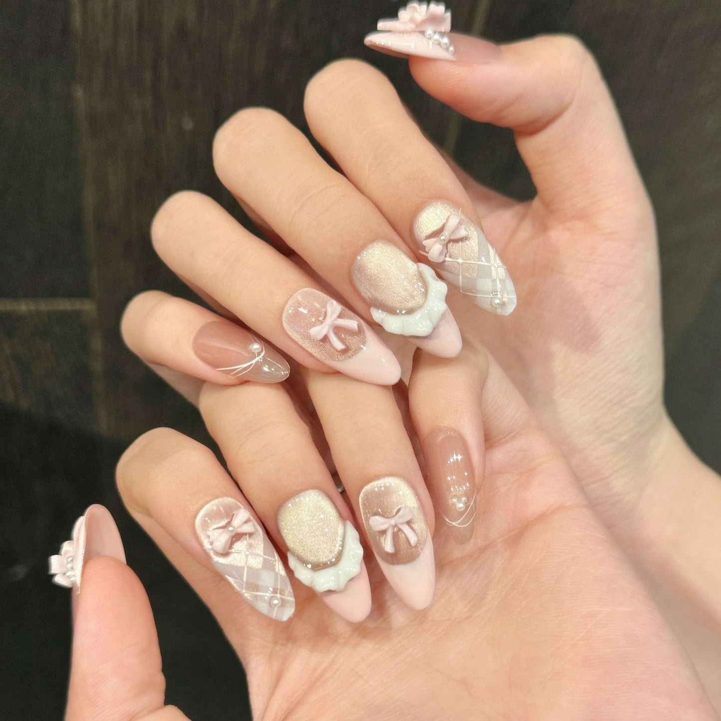 10Pcs Pink Almond Press on Nails Handmade Fake Nails Cute French Tip False Nail with 3D Bow Design Handmade Acrylic Nails Press ons Glitter Full Cover Nail Medium Reusable Stick on Nails for Women (S)