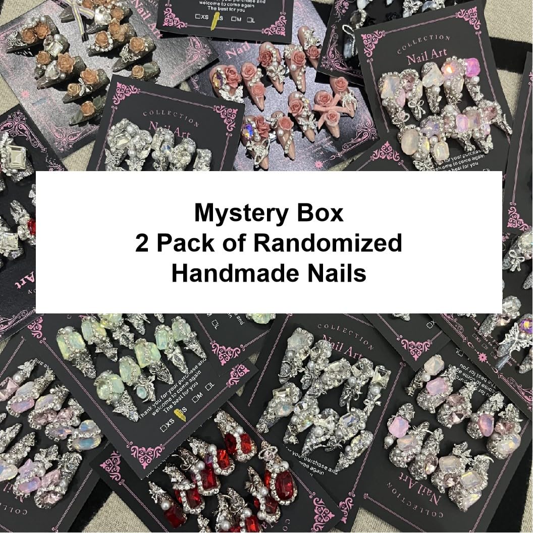 Press on Nails 2Packs (20Pcs) Handmade Nails Mystery Box Random 40mm Long Manicure Charms Nails Art Nail Kit Press on Nails for Women Party Holiday Photo Wedding Size L