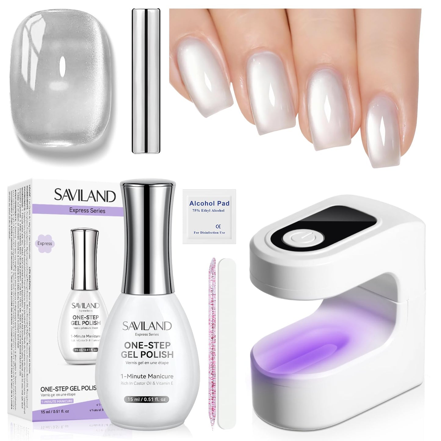 SAVILAND Glassy Cat Eye One-Step Gel Polish Kit: 5-In-1 Jelly Silver Magnetic Gel Nail Polish with Fast Curing Mini U V Nail Lamp Magnet CatEye Nails Home Easy To Use Women Gift 15ML Travel