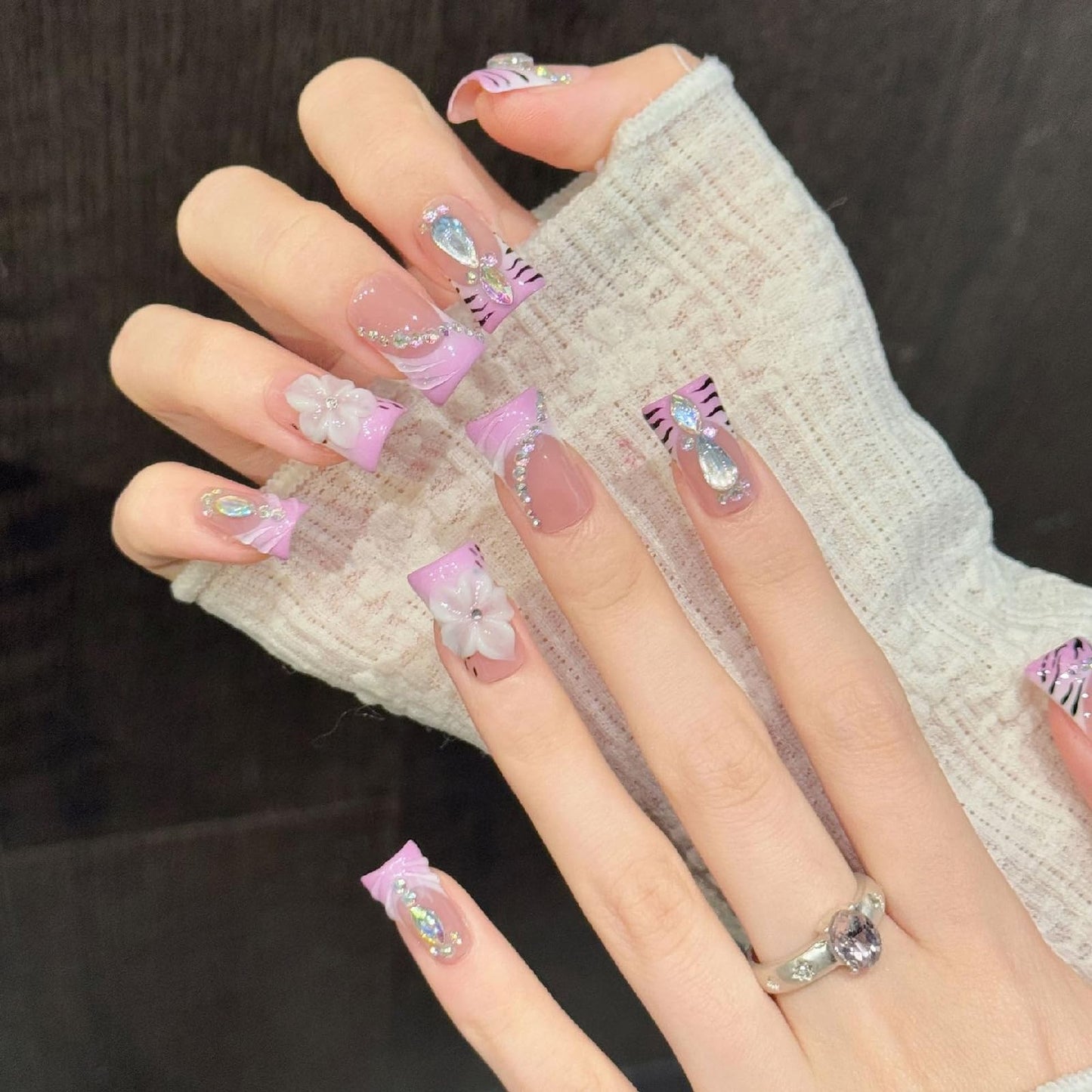 Threelegscat Handmade Short Duck Press on Nails -Pink Purple French Fake Nails With3d Flower& Rhinestone Acrylic Press on Nails for Women Daily& Party 10 PCS Size M