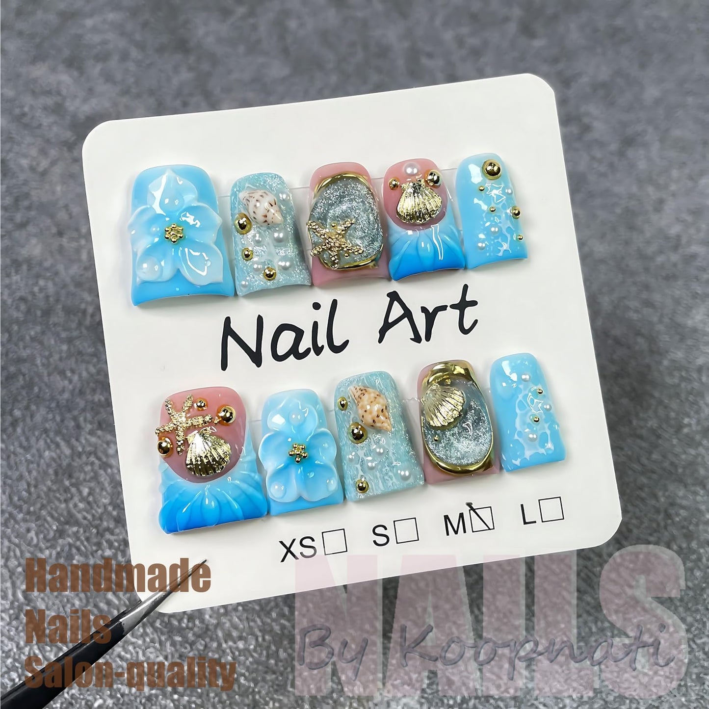 Summer Press On Nails Beach Handmade Press Ons 3D Nail Art Press Ons Homemade Press On Nails French Tip With 3D Design Summer Flower Fake Nail For Women M