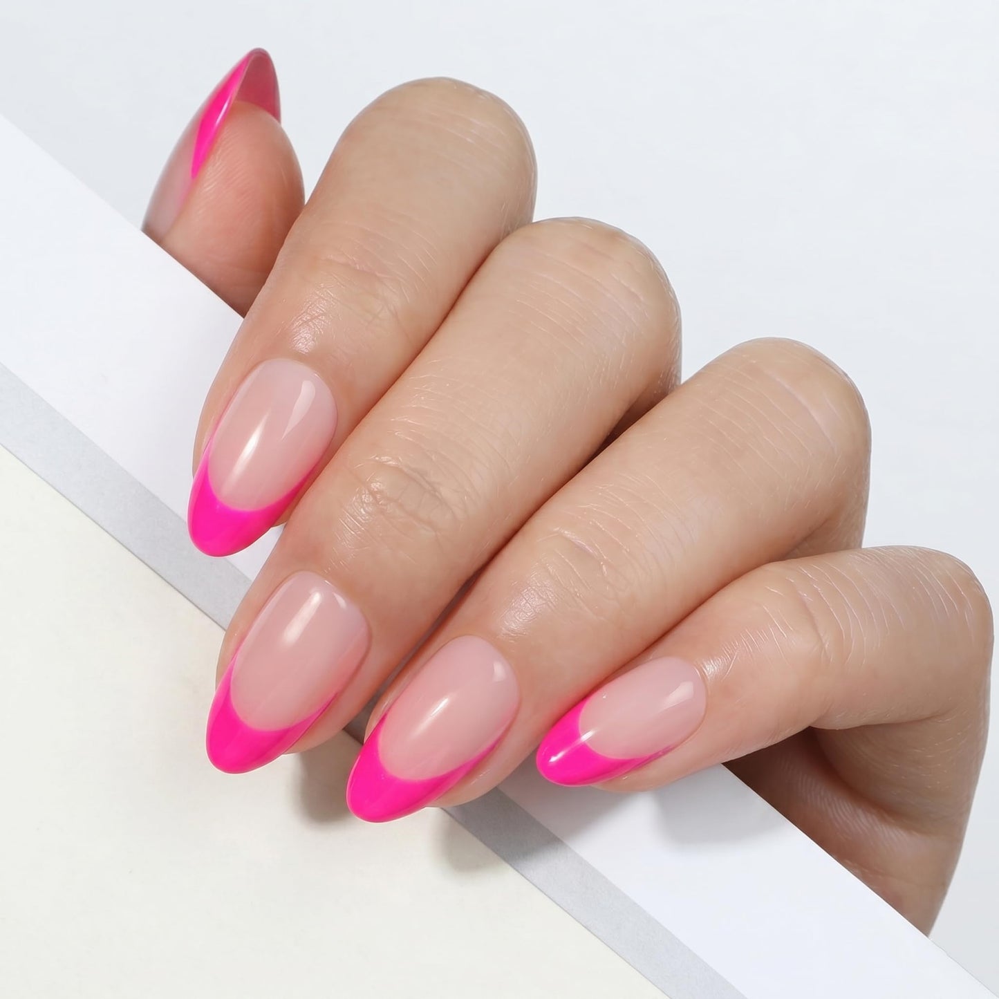 UNA GELLA 32Pcs Soft Gel Press on Nails - 16 Sizes Hot Pink Summer French Tip Almond Glue on Nails, Reusable Neon Pink False Nails, Full Cover Acrylic Nail Kit for Women DIY Home Manicure