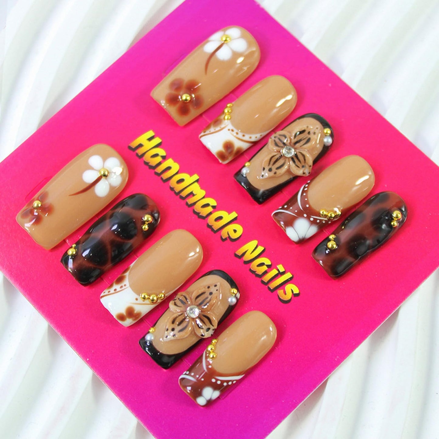 10Pcs Handmade Press on Nails Fall Coffin Fake Nails with 3D Flower Design Thick Acrylic and Muti-Layer Gel False Nails Handmade Nails Press ons Glossy Full Cover Stick on Nail for Women (S)