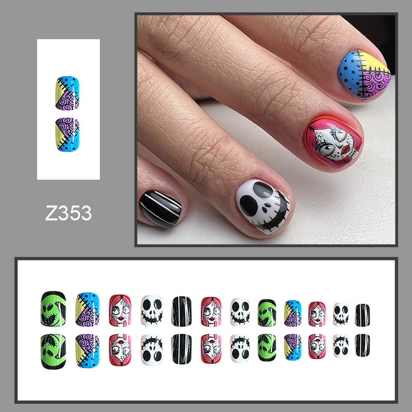 Halloween Press on Nails Square Short Fake Nails with Witch Patch Scary Face Designs Acrylic Stick on Nails Thriller Glue on Nails for Women Girls Party Cool Colorful Manicure24pcs