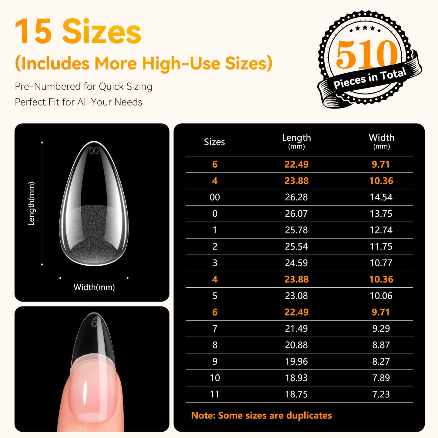 Makartt Almond Nail Tips: 510pcs Full Cover Medium Almond Fake Nails, 15 Sizes Soft Gel Half Matte Pre-shape Soak Off for Press on Nails DIY for Extension No Crease Acrylic Nail Manicure Salon Home