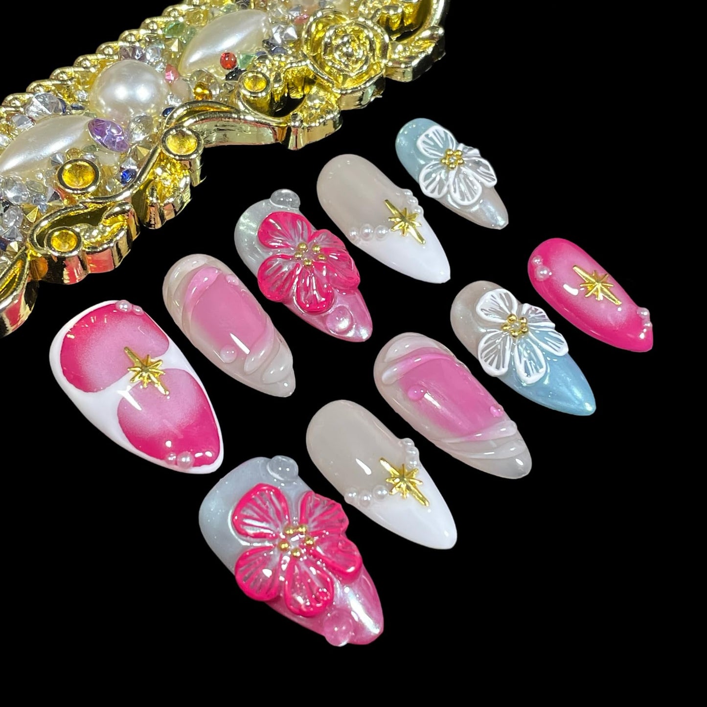 Handmade Press On Nails, Medium Almond Shape, Cherry Blossom Design with Gold Stars, Pearl Accents, Pink Blue Nude Colors, 3D Floral Reusable Acrylic False Nails (Bouquet lace, L)